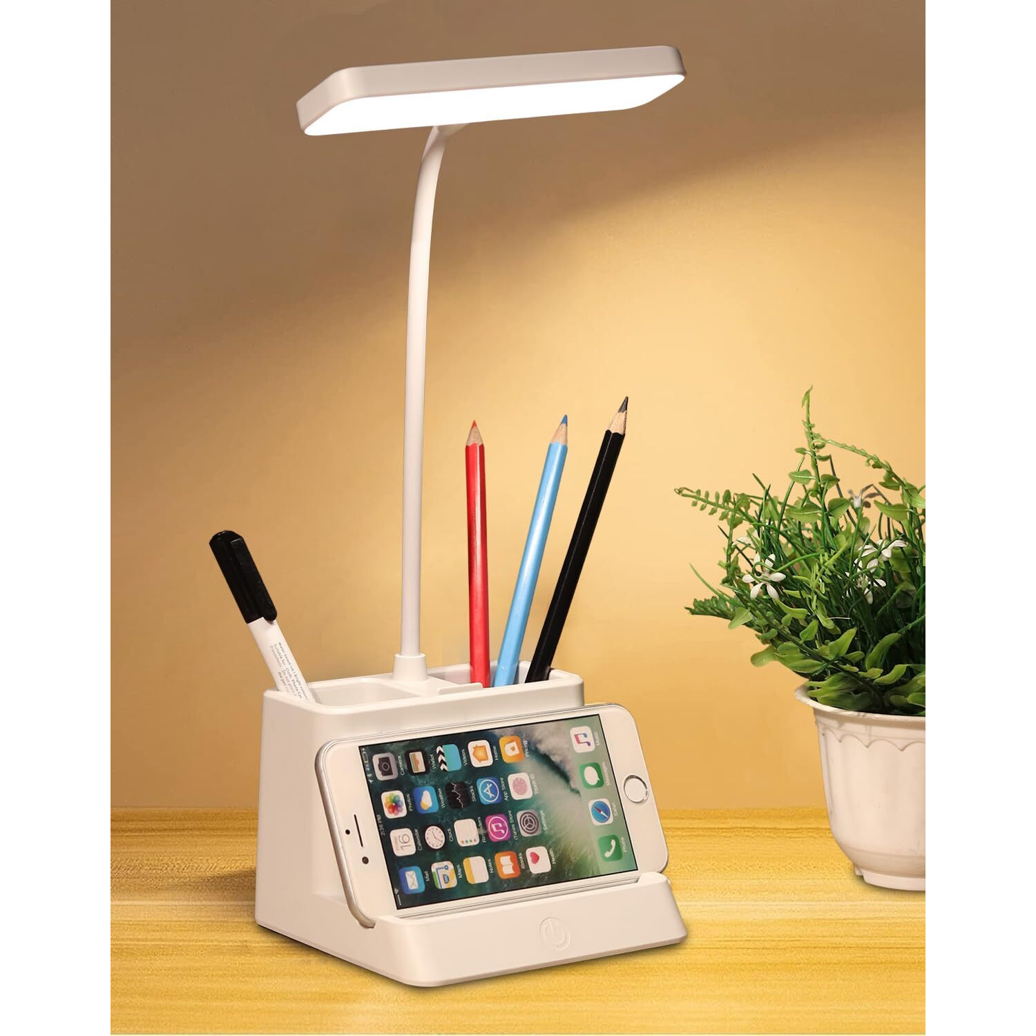 Saleon 3 Color Led Desk Lamp, Rechargeable Night Lamp, With Eye Care, With Pen & Phone Holder, Touch Sensor Lamp With Usb Charging, Flexible Gooseneck Lamp, Adjustable Reading Lamp - Plastic, White
