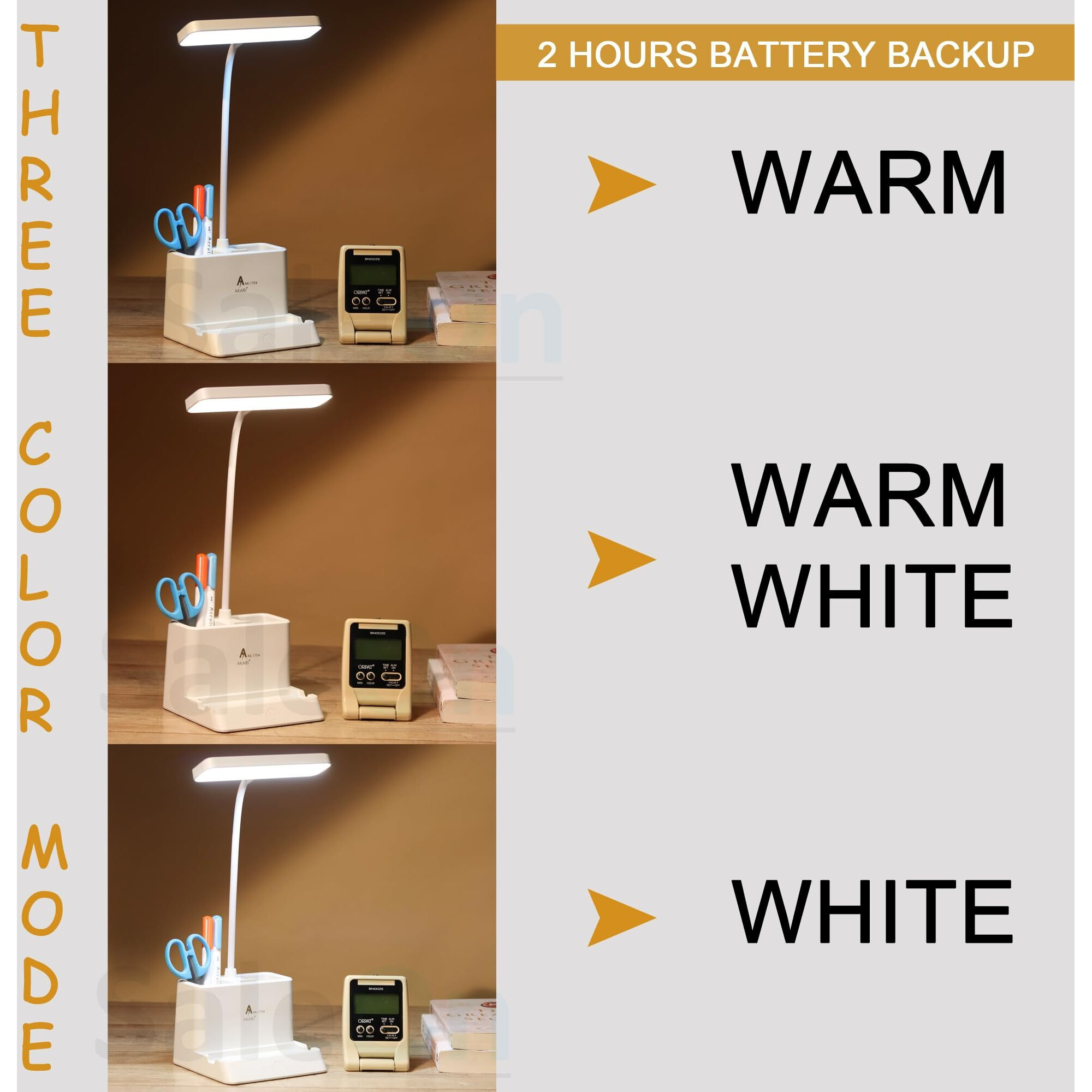 Saleon 3 Color Led Desk Lamp, Rechargeable Night Lamp, With Eye Care, With Pen & Phone Holder, Touch Sensor Lamp With Usb Charging, Flexible Gooseneck Lamp, Adjustable Reading Lamp - Plastic, White