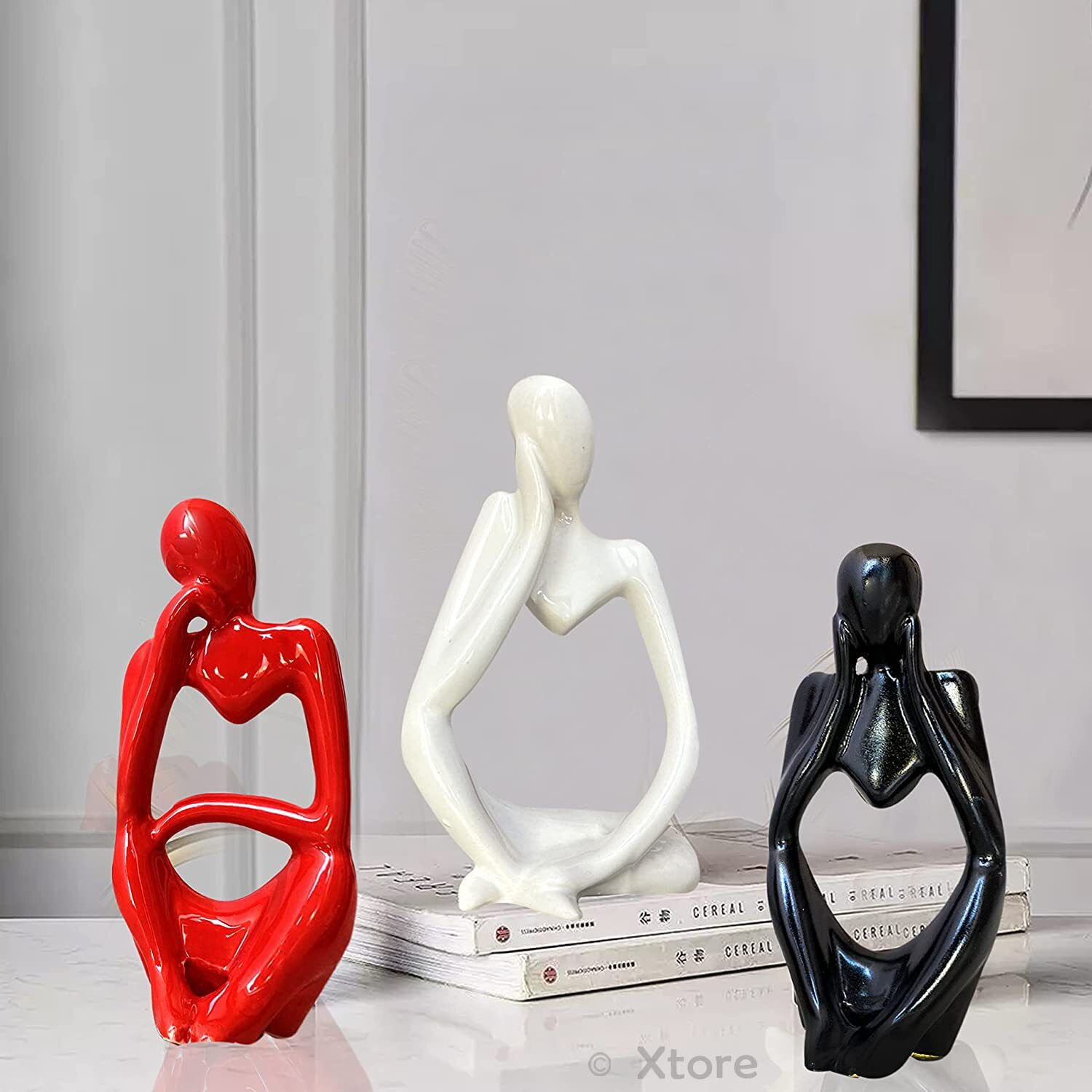 Xtore Thinker Decoreative Statues for Home Decor (Pack of 3, Black, Red & White)