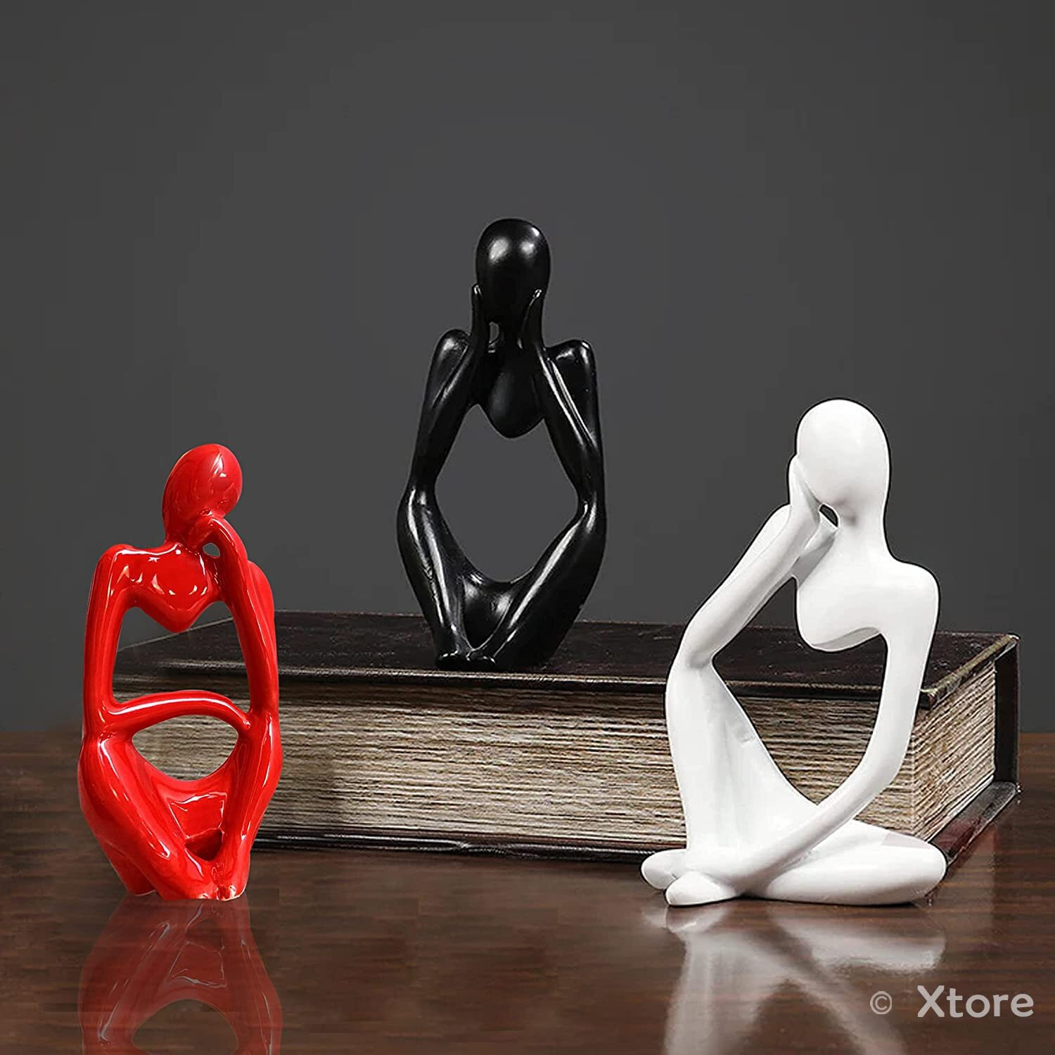 Xtore Thinker Decoreative Statues for Home Decor (Pack of 3, Black, Red & White)