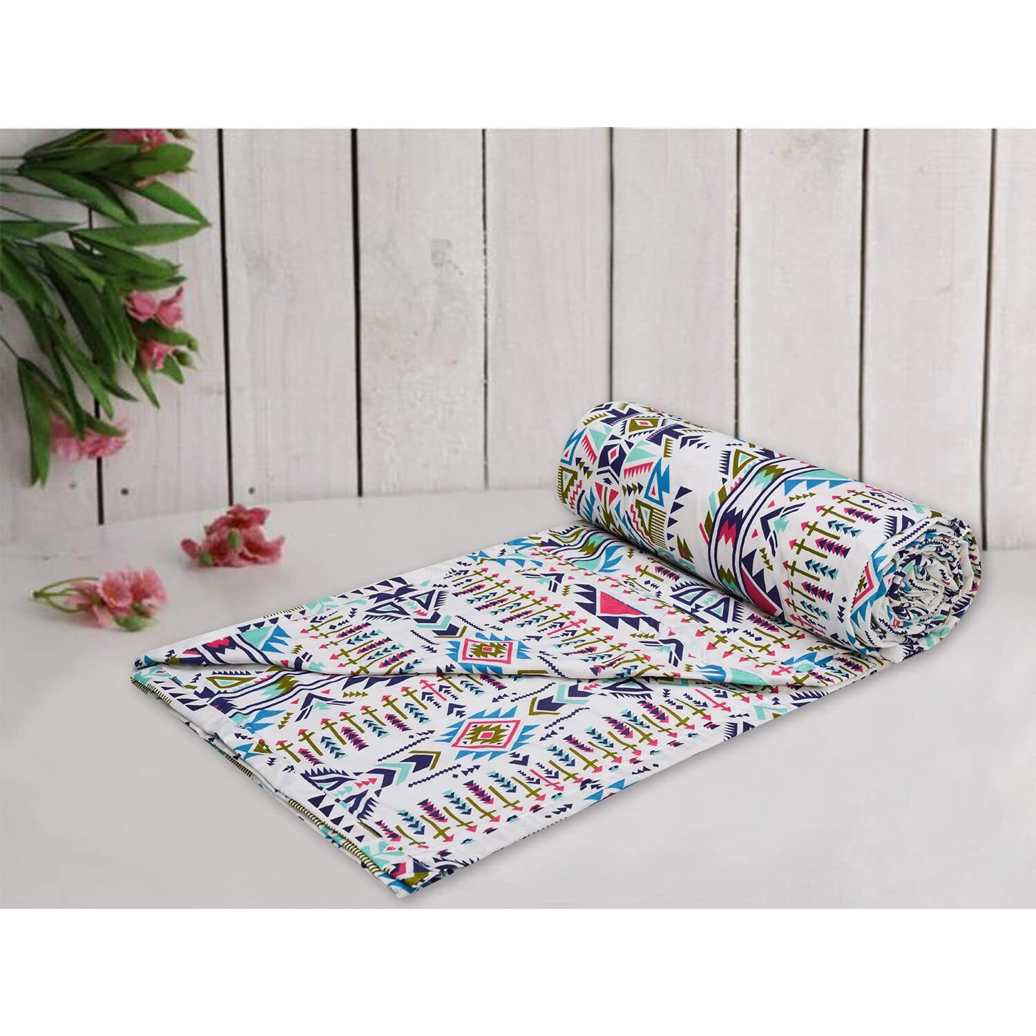 Trance Home Linen Pure Cotton Reversible Dohar Single Bed Size | AC Blanket Comforter | Soft Light-Weight Bed Blanket (56 x 88 inch, Azetic Sea Blue, Pack of 1)