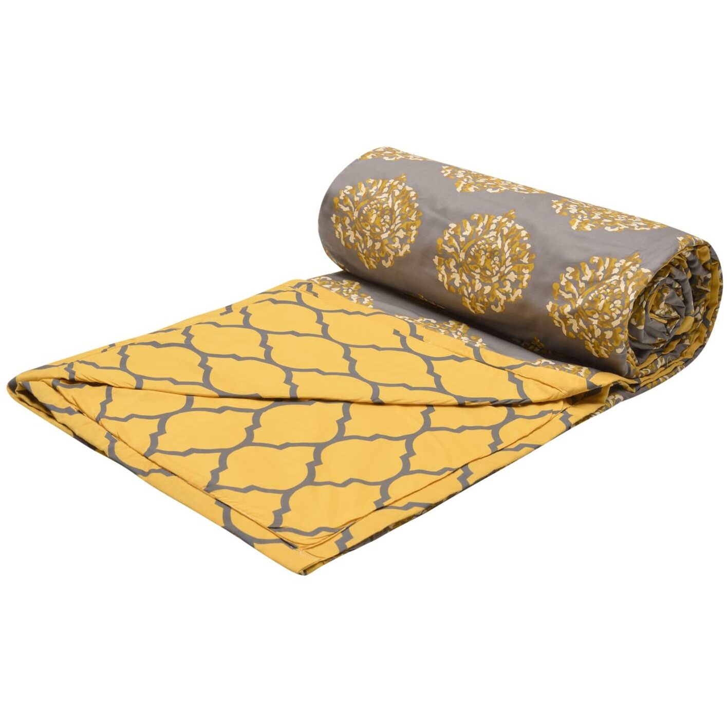 Trance Home Linen Pure Cotton Reversible Dohar Single Bed Size | AC Blanket Comforter | Soft Light-Weight Bed Blanket (56 x 88 inch, Damask Grey Mustard, Pack of 1)