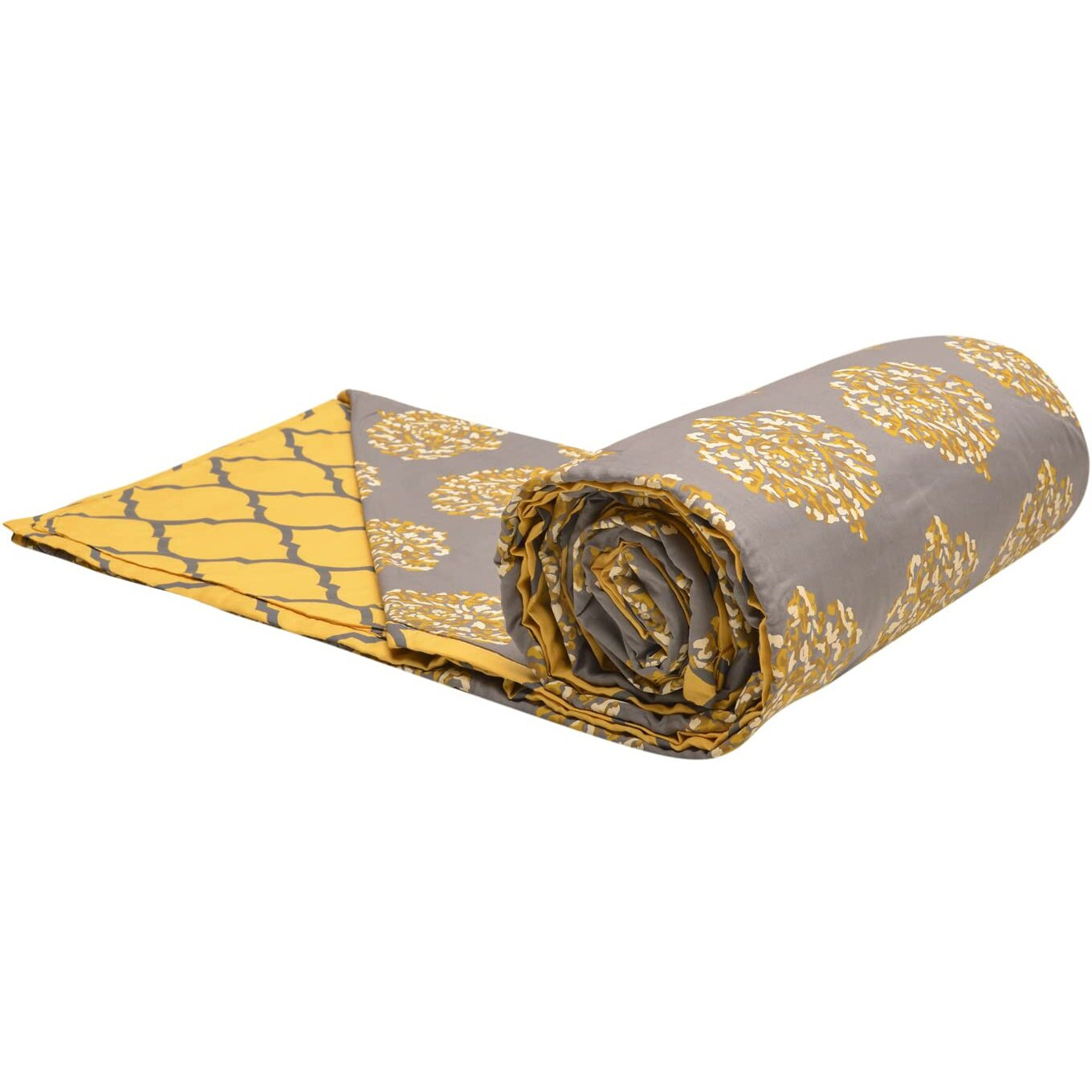 Trance Home Linen Pure Cotton Reversible Dohar Single Bed Size | AC Blanket Comforter | Soft Light-Weight Bed Blanket (56 x 88 inch, Damask Grey Mustard, Pack of 1)