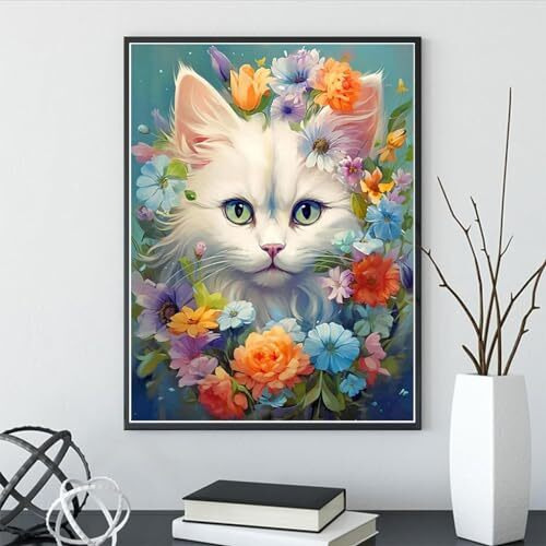 HASTHIP Enchanting White Cat 5D Diamond Painting Kit, Includes Colorful Diamonds, Tools & Accessories, Very Suitable for Home Leisure and Wall Decoration, Ideal for Adults & Kids (12x16inch)
