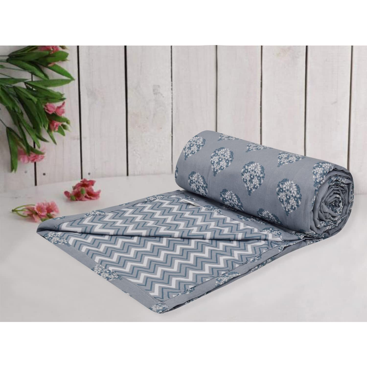 Trance Home Linen Pure Cotton Reversible Dohar Single Bed Size | AC Blanket Comforter | Soft Light-Weight Bed Blanket (56 x 88 inch, Aurora Grey, Pack of 1)