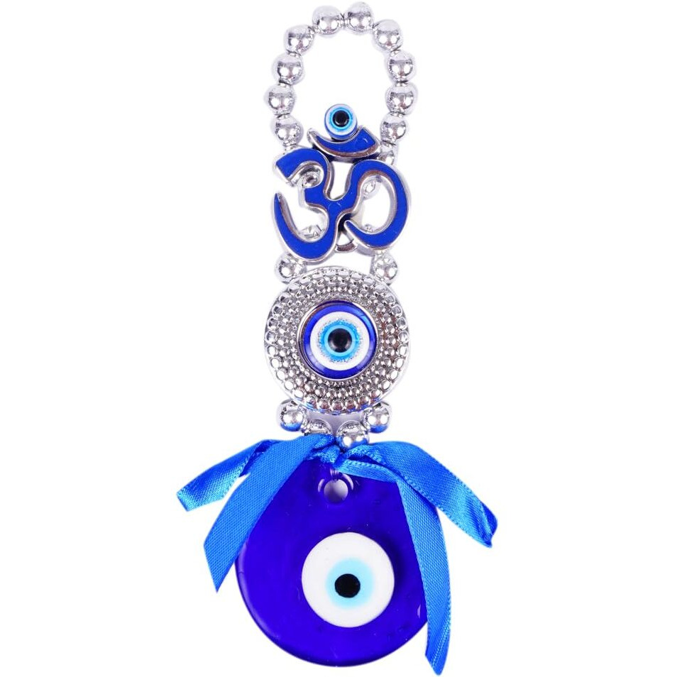 DT DECTONE Metal Om Design Evil Eye With Blue Pendant Decoration | Lucky Om Hanging Ornament Amulet For Car, Home And Office For Protection And Blessing (Blue, 1 Om)