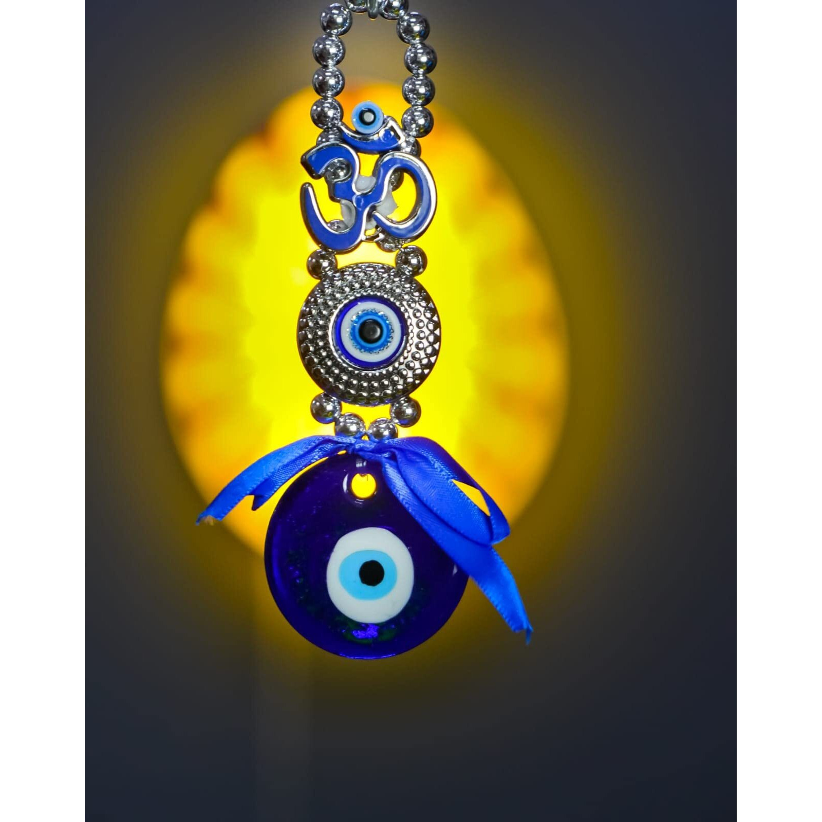DT DECTONE Metal Om Design Evil Eye With Blue Pendant Decoration | Lucky Om Hanging Ornament Amulet For Car, Home And Office For Protection And Blessing (Blue, 1 Om)