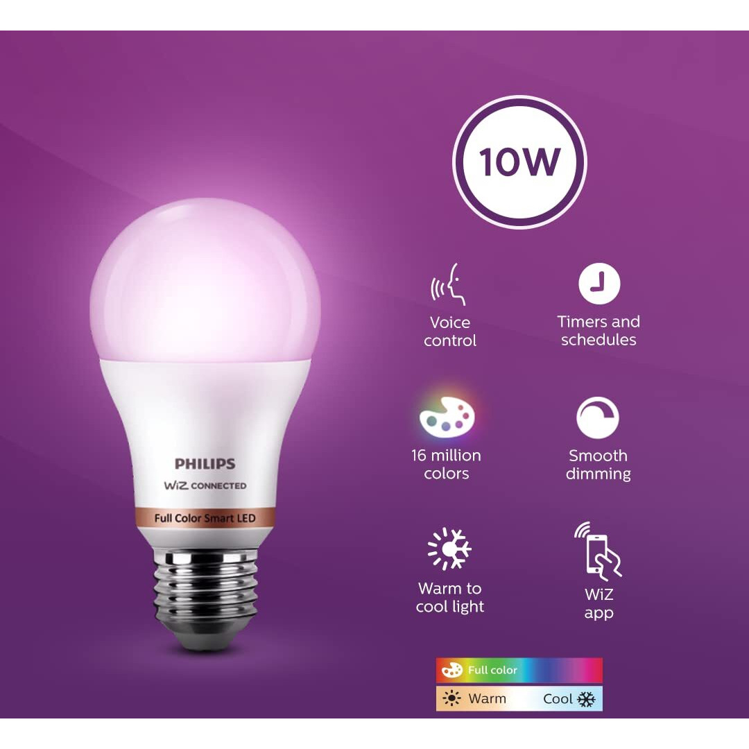 Philips Wiz Smart WI-Fi LED Bulb E27 10-Watt, 16 Million Colors, Compatible with Amazon Alexa and Google Assistant- (Pack of 1)
