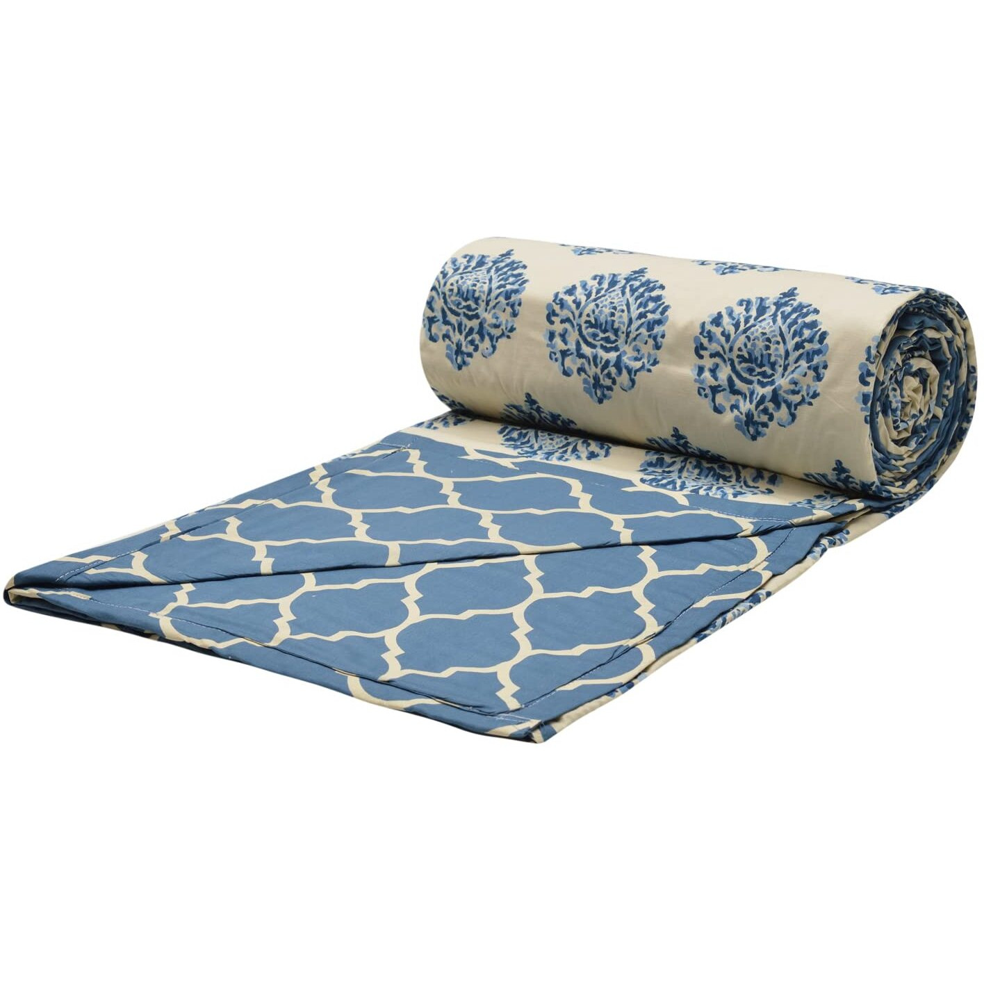Trance Home Linen Pure Cotton Reversible Dohar Toddler Size | Cotton AC Quilt for Babies | Infants - New Born blanket | Soft Light-Weight Bed Blanket 0-4 Years kids (140cm x 100cm, Damask Blue)