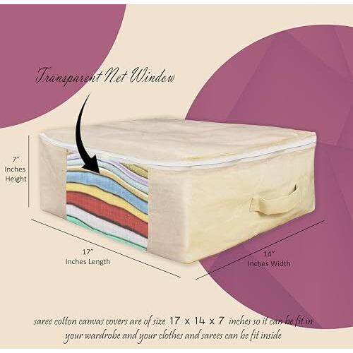 HOLLO Cotton Saree Bags Saree Storage Bags With Zip Cover Lehenga Covers With Zip Saree Organizer For Women Dresses, Sarees, Lehengas for Wardrobe Organizer(17 x 14 x 7 Inch) (PACK OF 1)