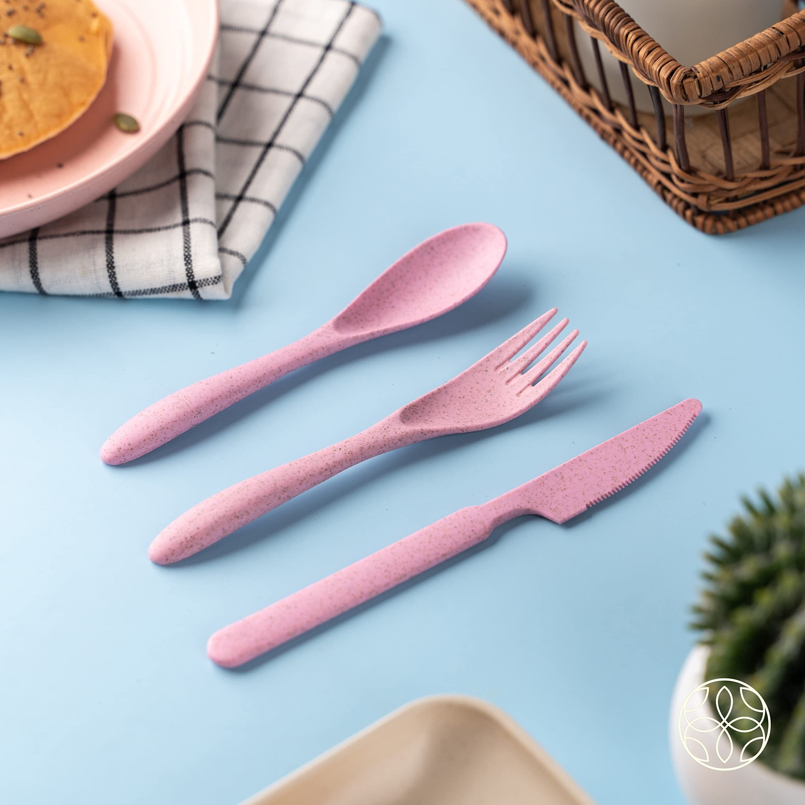 IRIDA NATURALS Unbreakable Wheat Straw Cutlery Set - Set of 4 (Soft Beige) Portable Fork and Spoon Set with Travel Case & Spoon Box for School, Reusable, Light Weight, EcoFriendly & Dishwasher Safe