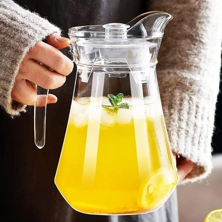 VILON Italian Premium 1300ml Glass Water Jug with Plastic Lid & Handle | 1.3L Transparent Beverage Carafe for Home, Office, Etc. | Pitcher for Serve Water, Milk, Juice, Beverage, Chaas, Cocktail