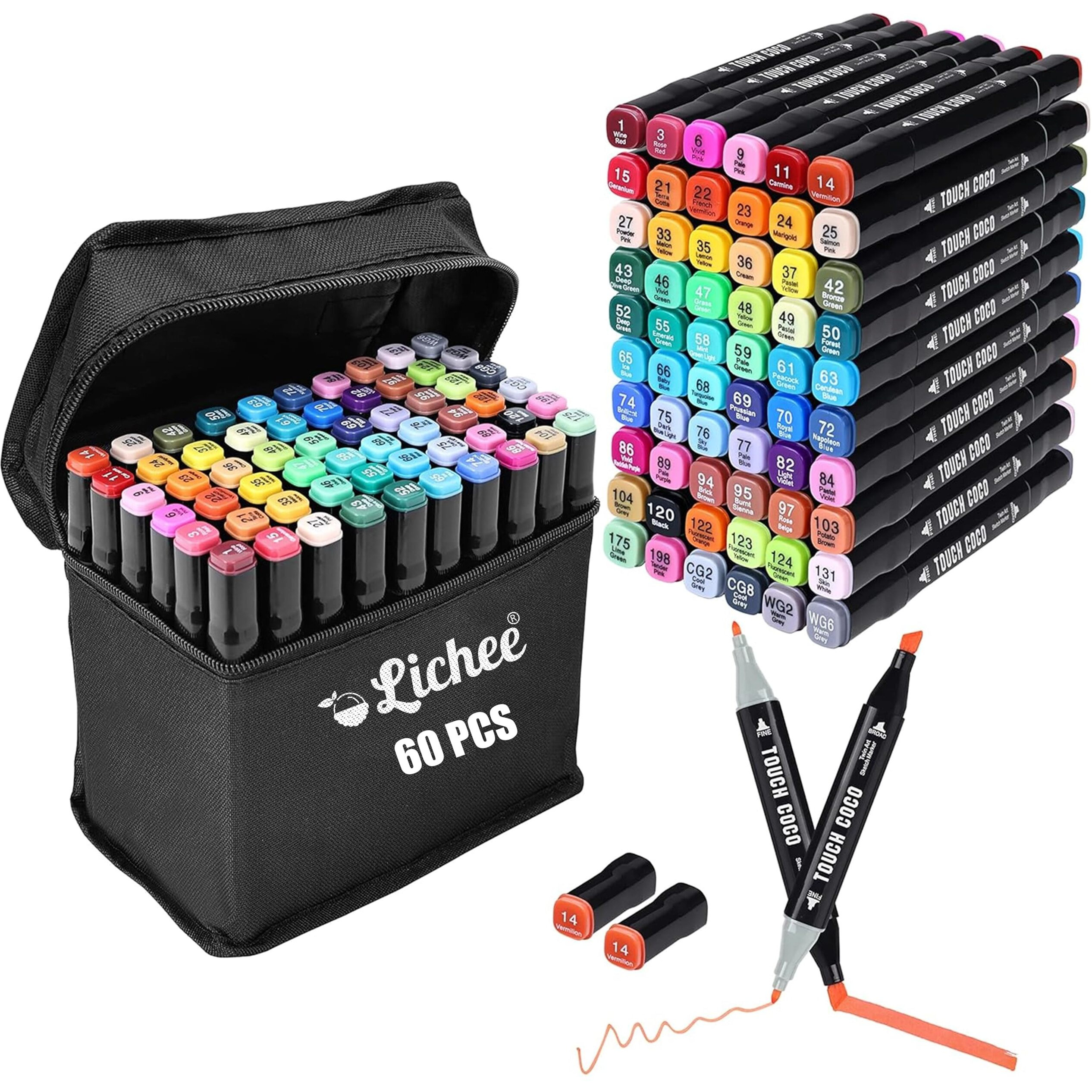 Lichee Dual Tip Art Markers 60 Colors with Carrying Case, Alcohol Art Markers Sketch Pens with Dual Tips Fine and Broad Chisel, Art Supplies for Coloring, Sketching, and Drawing (60)