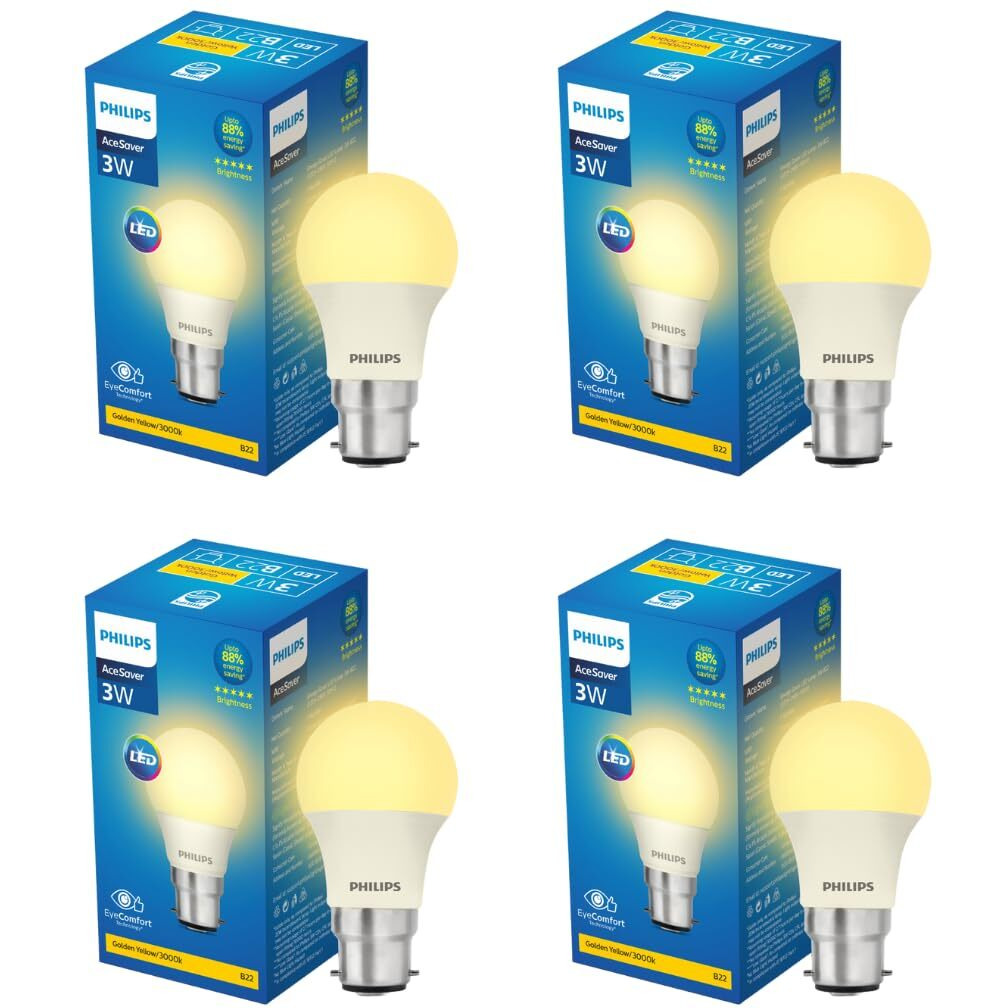 PHILIPS 3-watt LED Bulb | AceSaver LED Bulb | Base B22 Light Bulb for Home | Warm White, Pack of 4