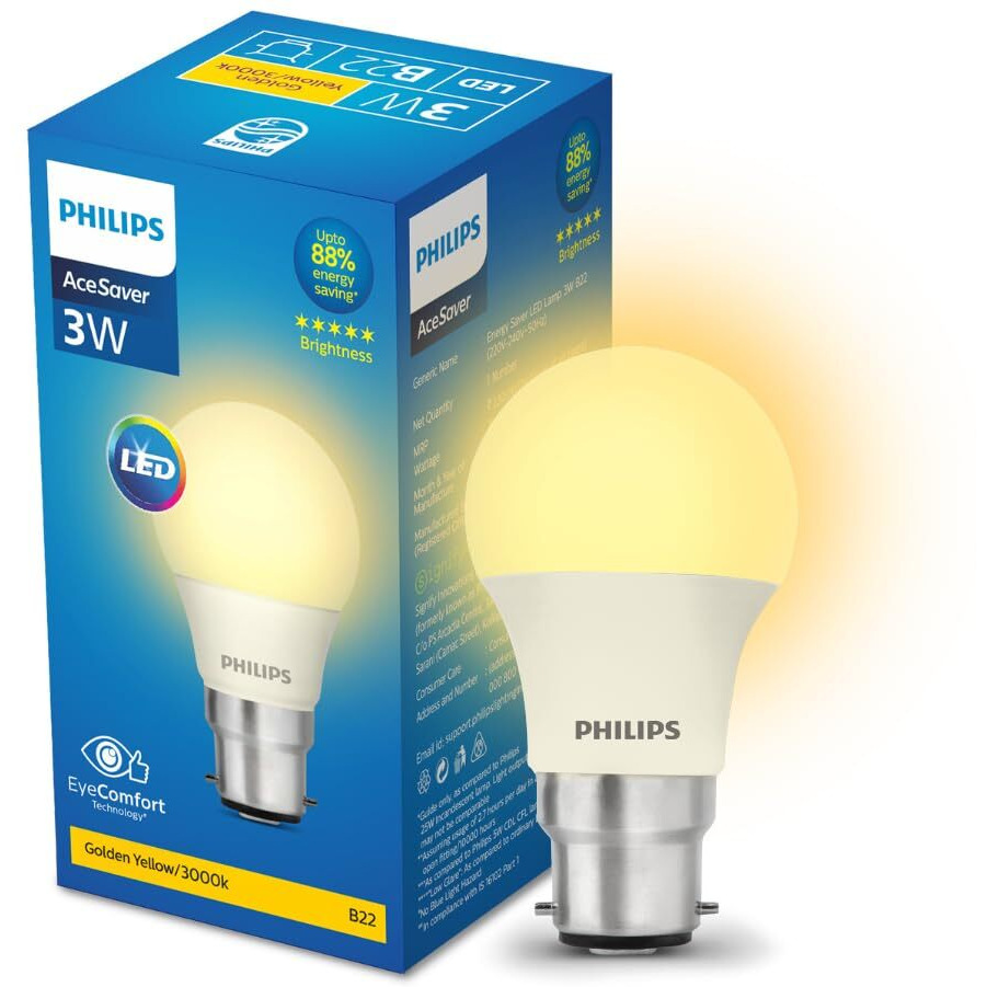 PHILIPS 3-watt LED Bulb | AceSaver LED Bulb | Base B22 Light Bulb for Home | Warm White, Pack of 4