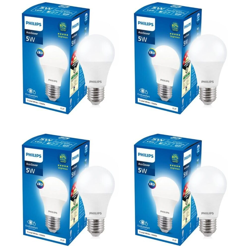 PHILIPS 5-watt LED Bulb | AceSaver LED Bulb | Base E27 Light Bulb for Home | Crystal White, Pack of 4