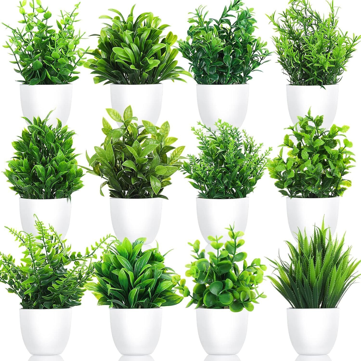 Dekorly Plastic Artificial Plants Small Fake Potted Plants, Mini Eucalyptus Potted Faux Decorative Grass Plant With White Pot For Home Decor, Indoor, Office, Desk, Shelf, Table Decoration|Pack Of 12