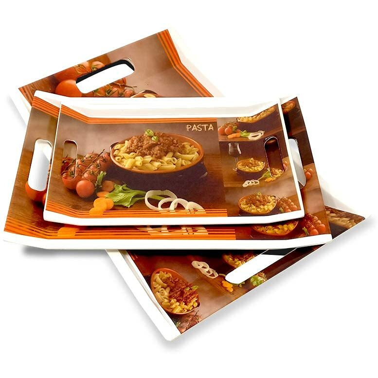 FEDOY Crystal Melamine Serving Tray, Set of 3 Villori Series (Multicolorcoloured, White | Small, Medium and Large Size Rectangular)