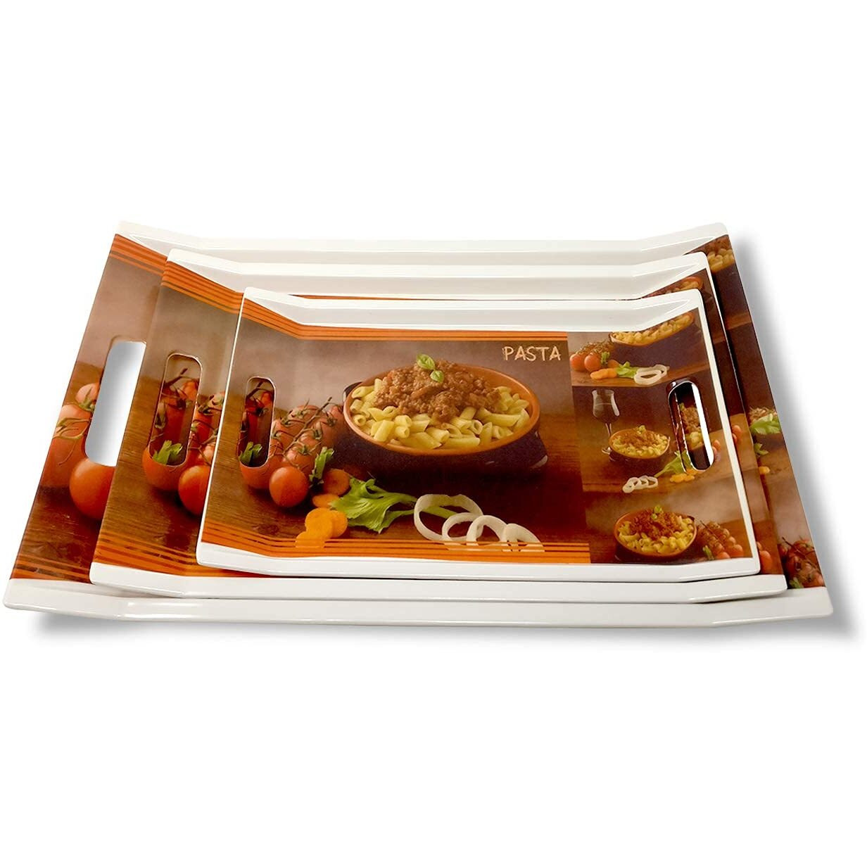 FEDOY Crystal Melamine Serving Tray, Set of 3 Villori Series (Multicolorcoloured, White | Small, Medium and Large Size Rectangular)