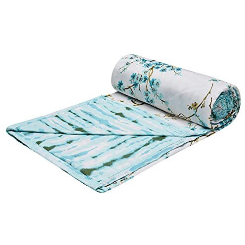 Trance Home Linen Pure Cotton Reversible Dohar Toddler Size | Cotton AC Quilt for Babies | Infants - New Born blanket | Soft Light-Weight Bed Blanket 0-4 Years kids (140cm x 100cm, Akira Turquoise)