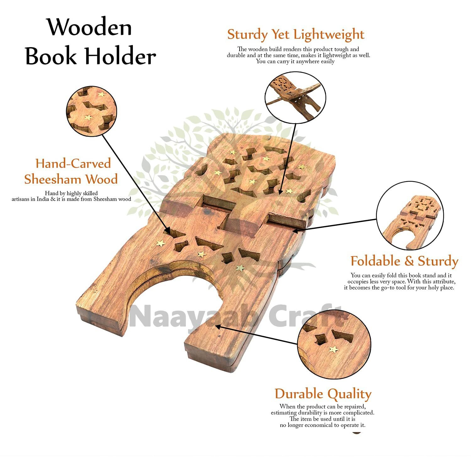 Naayaab Craft Handmade & Handcraft Sheesham Wooden Book Holder Display Stand Folding Religious Prayer Free Reading Stand with Intricate Carvings, Rehal for Religious Holy Books - Size (12 Inch)