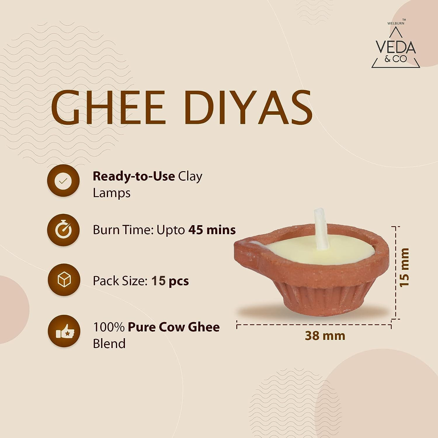 Welburn Veda&Co Pure Cow Ghee Diya for Puja - 15 Pieces, Upto 45 Minutes Burn Time, Ghee Blended Filled Clay Diya Batti, Ready to Use Diwali Diyas for Daily Pooja, 15 Days Pack