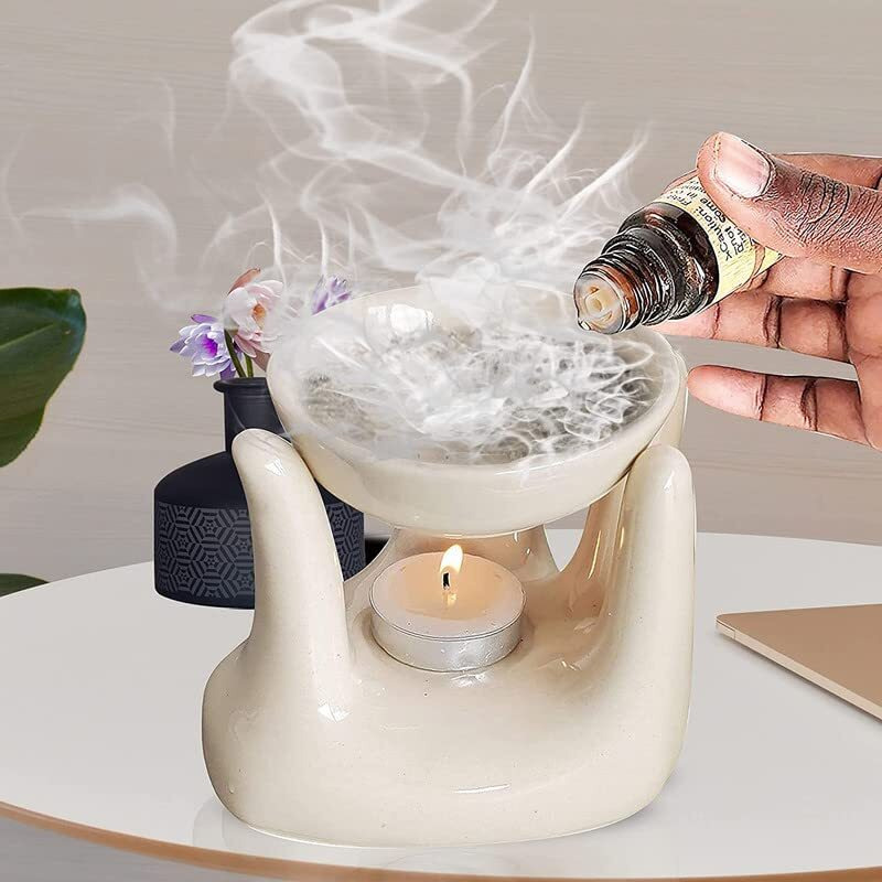 Pure Source India Oil Burner for Home, Office, with 1 Tea Light Candle, Made by Porcelain (Off White)