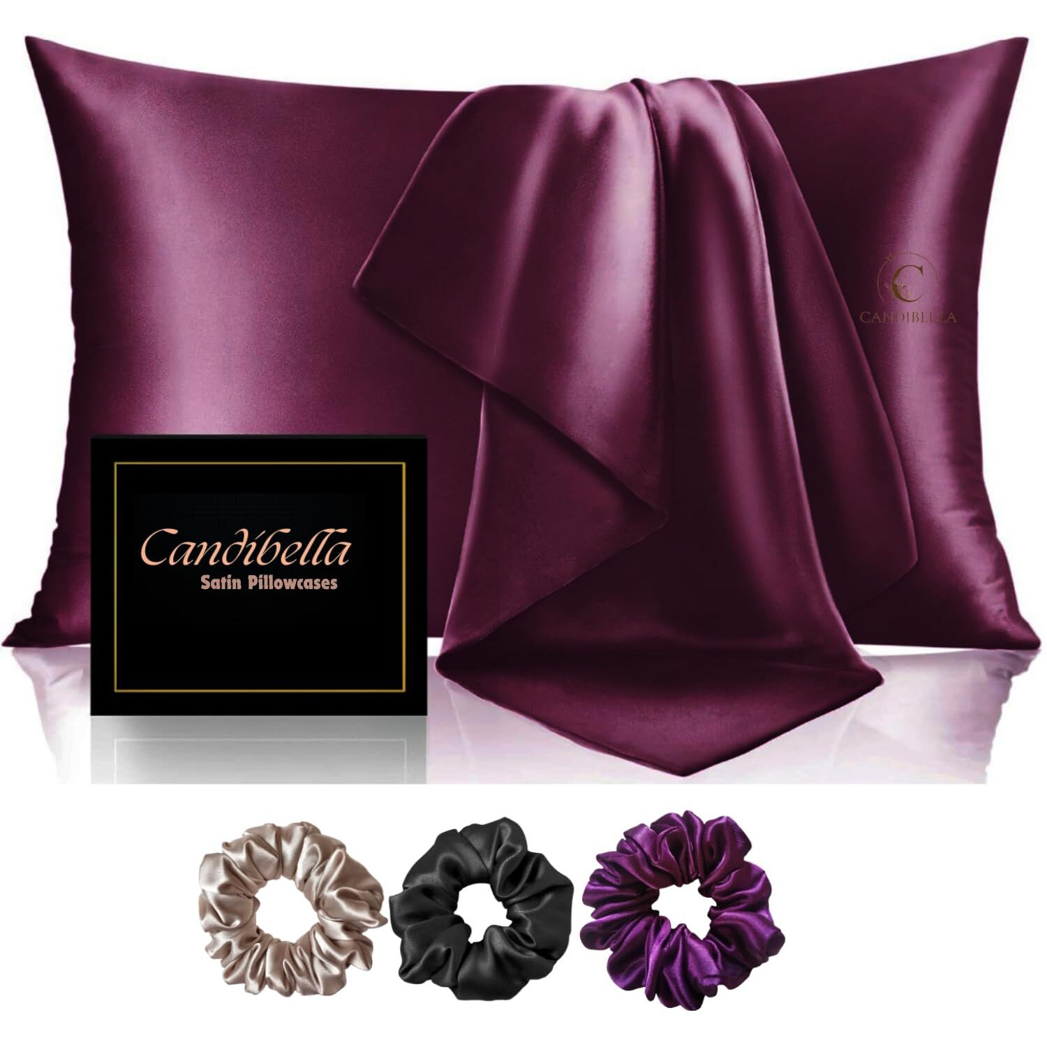 Candibellas Satin Silk Pillow Covers for Hair and Skin, Pack of 2 Satin Pillow Cover with 3 Satin Scrunchies for Women, Luxurious Silk Pillow Covers with Envelope Closure, 400 TC (Mulberry)