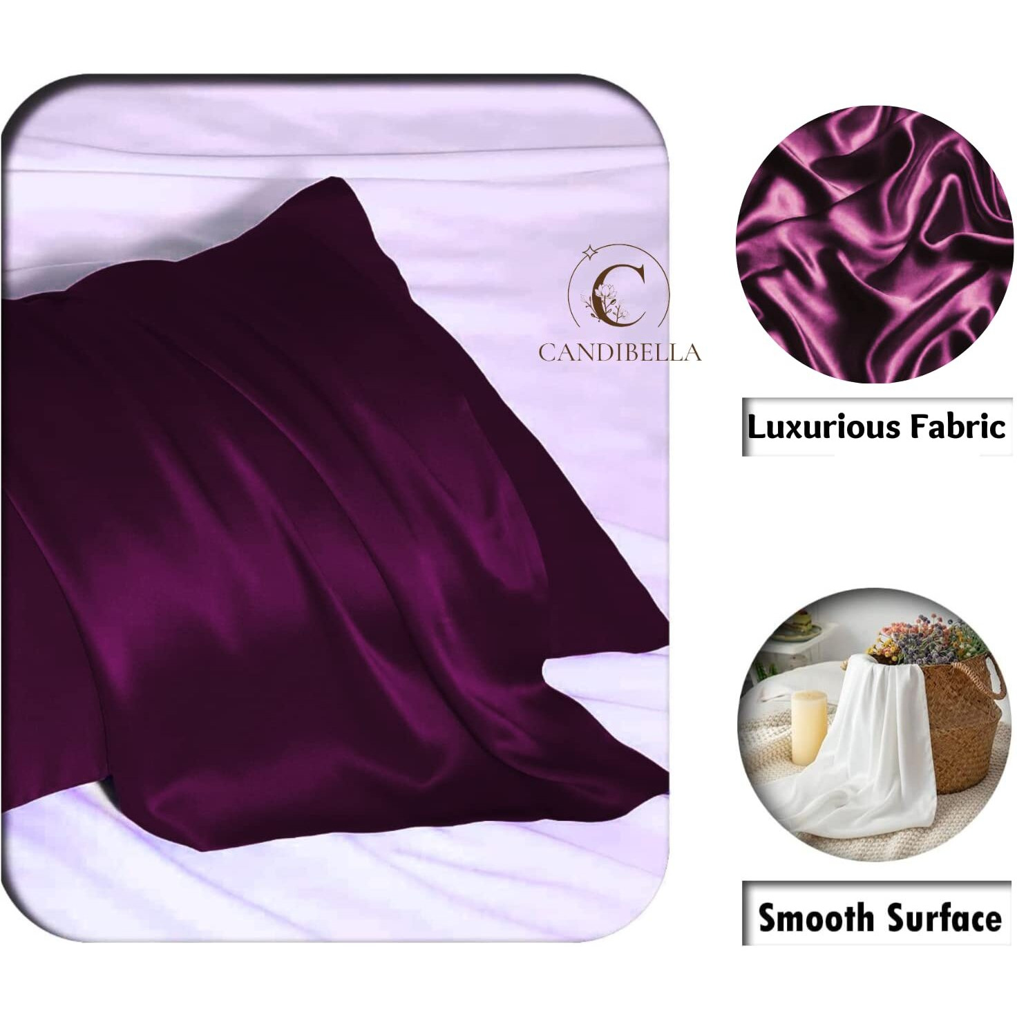 Candibellas Satin Silk Pillow Covers for Hair and Skin, Pack of 2 Satin Pillow Cover with 3 Satin Scrunchies for Women, Luxurious Silk Pillow Covers with Envelope Closure, 400 TC (Mulberry)