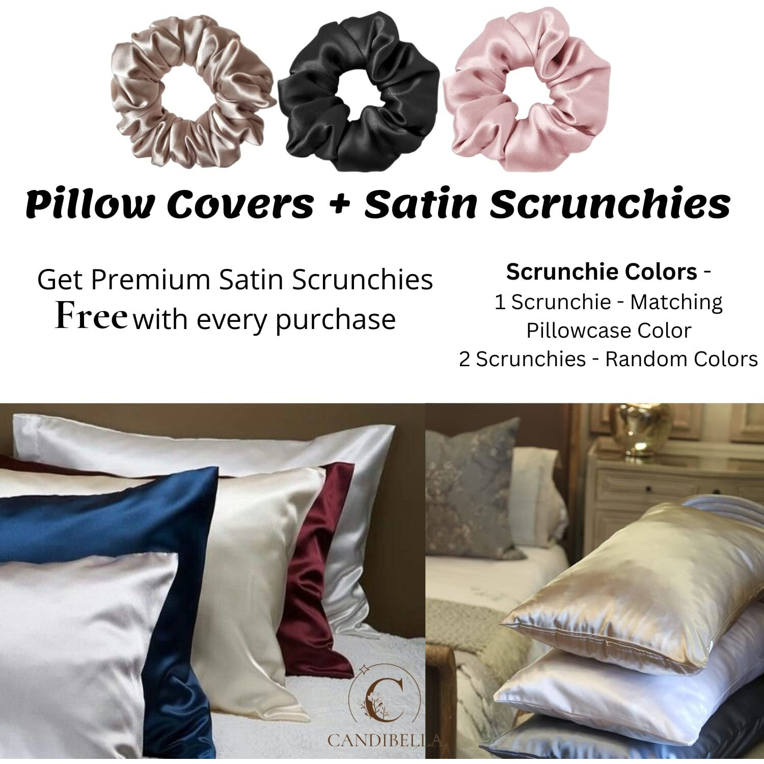 Candibellas Satin Silk Pillow Covers for Hair and Skin, Pack of 2 Satin Pillow Cover with 3 Satin Scrunchies for Women, Luxurious Silk Pillow Covers with Envelope Closure, 400 TC (Mulberry)