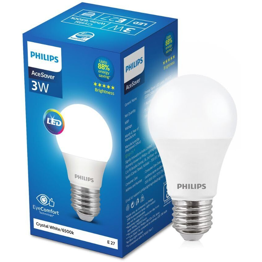 PHILIPS 3-watt LED Bulb | AceSaver LED Bulb | Base E27 Light Bulb for Home | Crystal White, Pack of 4