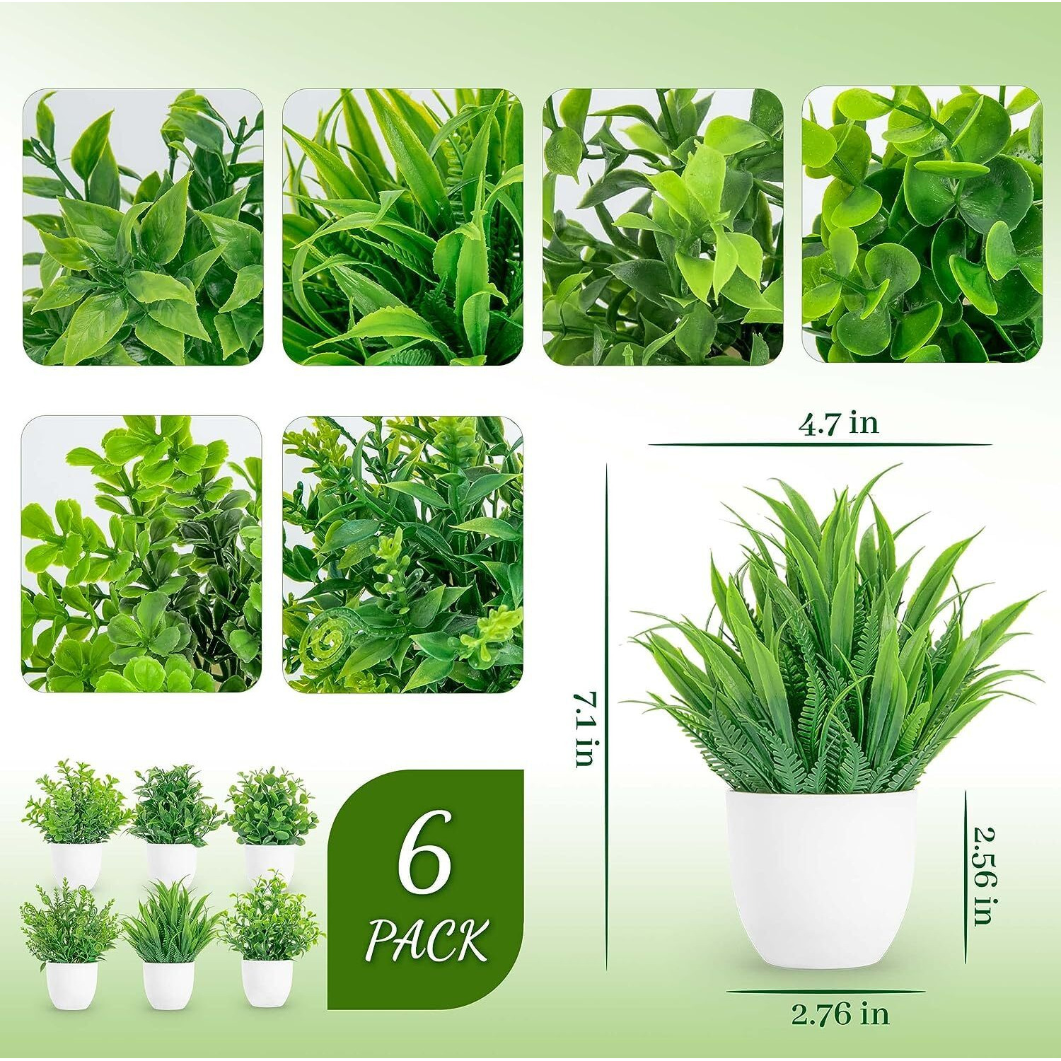 Dekorly Plastic Artificial Plants Small Fake Potted Plants, Mini Eucalyptus Potted Faux Decorative Grass Plant With White Pot For Home Decor, Indoor, Office, Desk, Shelf, Table Decoration|Pack Of 6