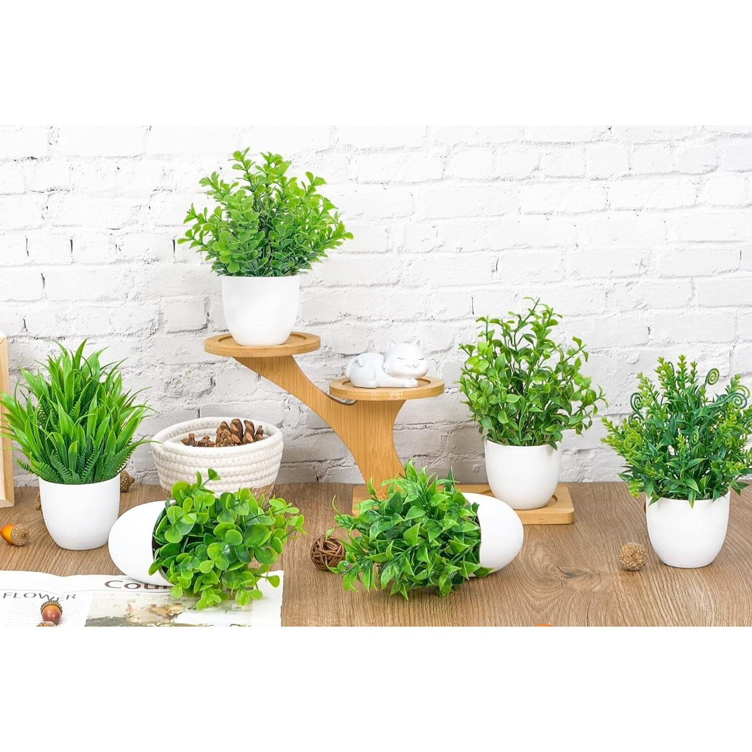 Dekorly Plastic Artificial Plants Small Fake Potted Plants, Mini Eucalyptus Potted Faux Decorative Grass Plant With White Pot For Home Decor, Indoor, Office, Desk, Shelf, Table Decoration|Pack Of 6