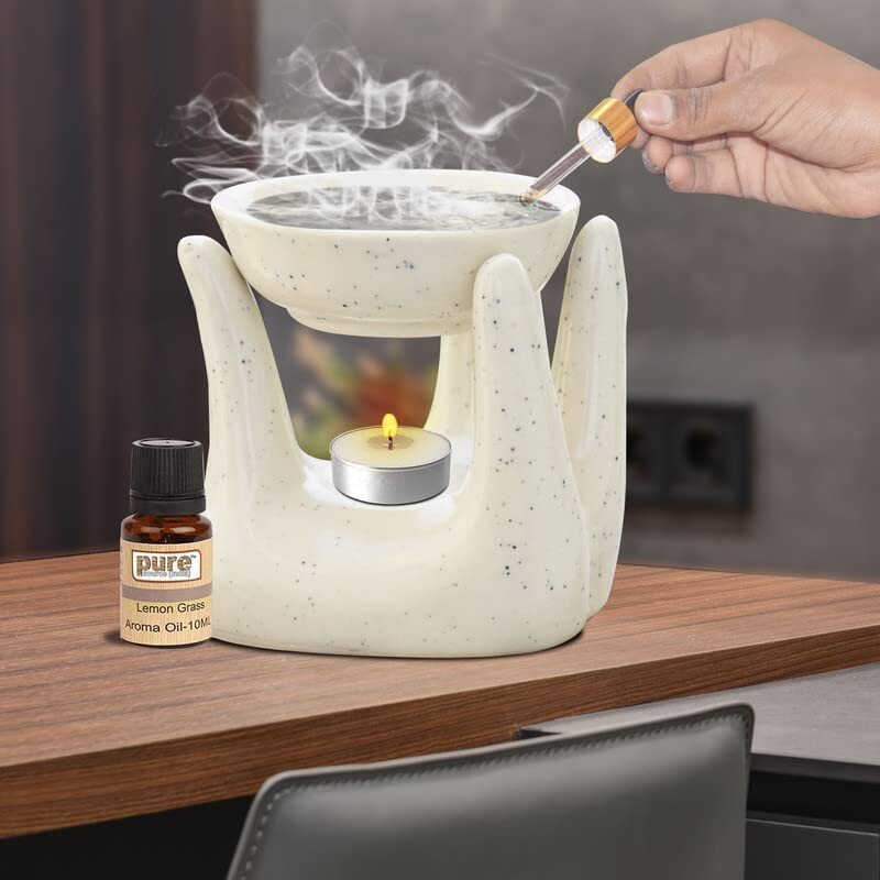 Pure Source India Oil Burner for Home, Office, with 1 Tea Light Candle, Made by Porcelain (Dotted White)