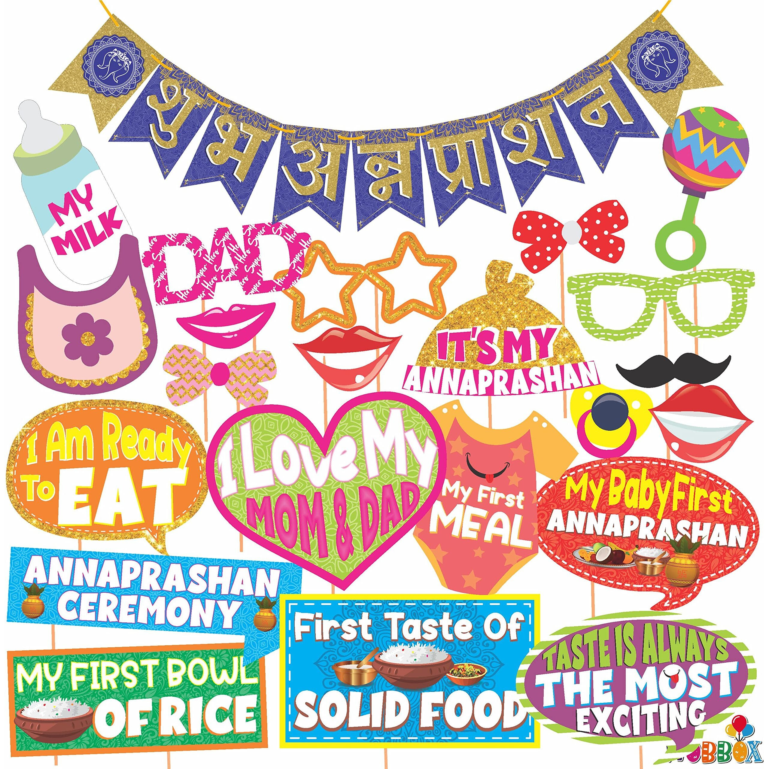 WOBBOX Annaprashan Photo Booth Party Props with Bunting Banner Hindi Font Shubh Annaprashan Dark Blue & Golden Color, Annaprashan Decoration Item
