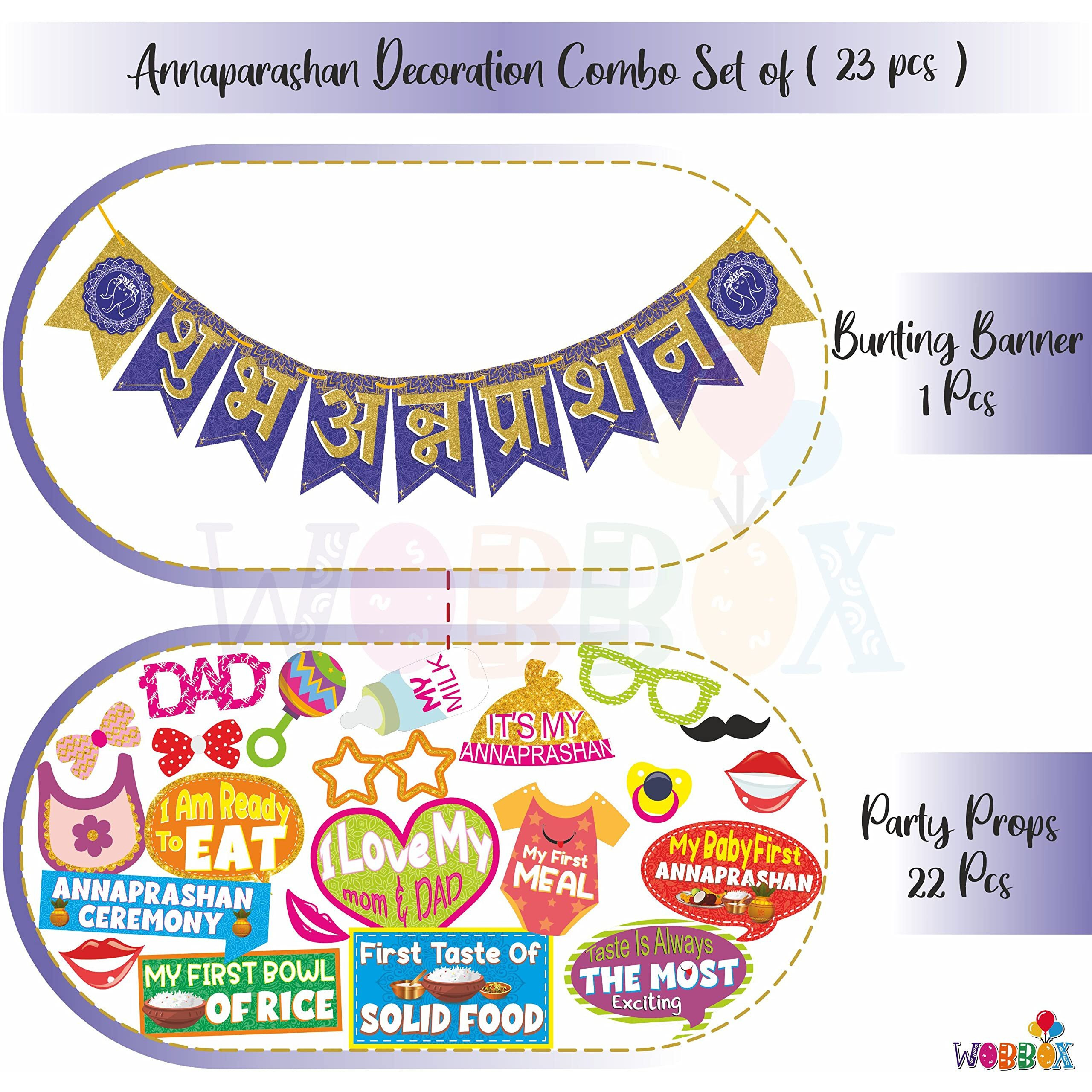 WOBBOX Annaprashan Photo Booth Party Props with Bunting Banner Hindi Font Shubh Annaprashan Dark Blue & Golden Color, Annaprashan Decoration Item