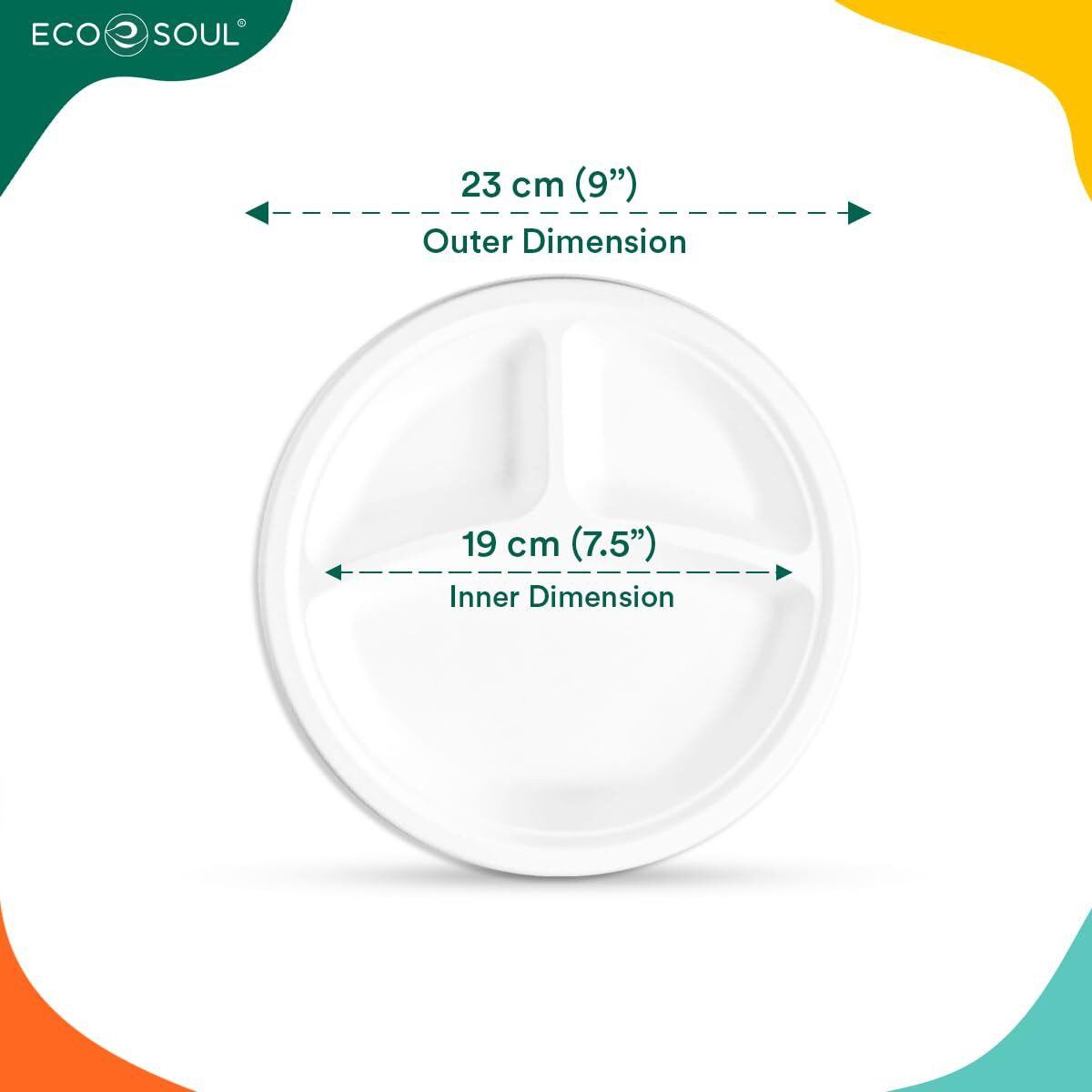 ECO SOUL [9 inch, 25 Pack, 3-Compartment Disposable Bagasse Plates | Eco-Friendly, Biodegradable, Sugarcane Paper Plates | for Serving Snacks | Birthday, Wedding & Party | Round, White (23 cm)