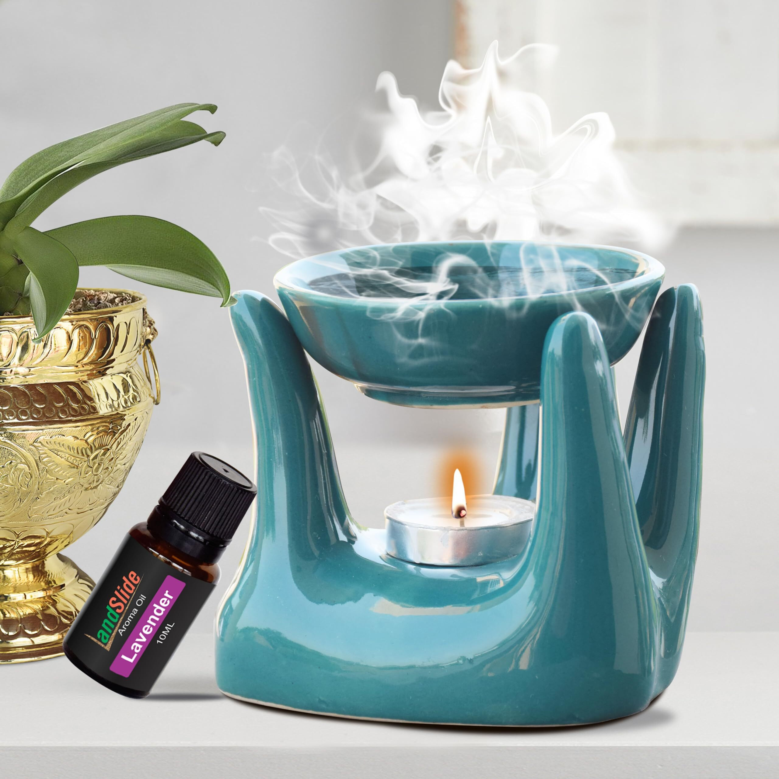 Pure Source India Oil Burner for Home, Office, with 1 Tea Light Candle, Made by Porcelain (Green)
