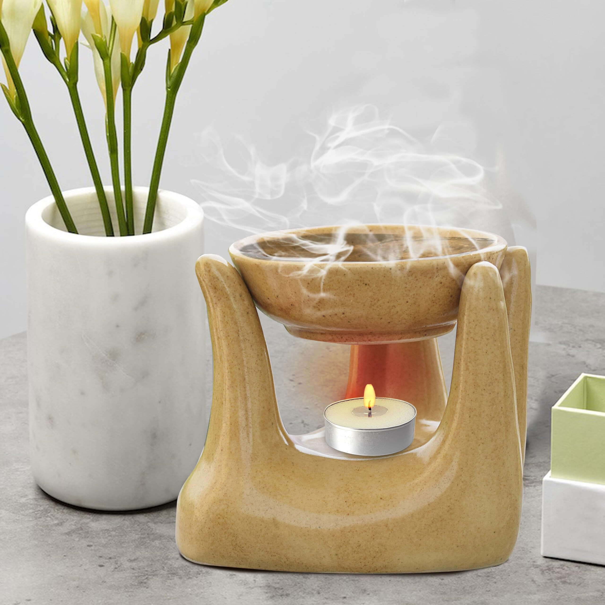 Pure Source India Oil Burner for Home, Office, with 1 Tea Light Candle, Made by Porcelain (Dotted Brown)