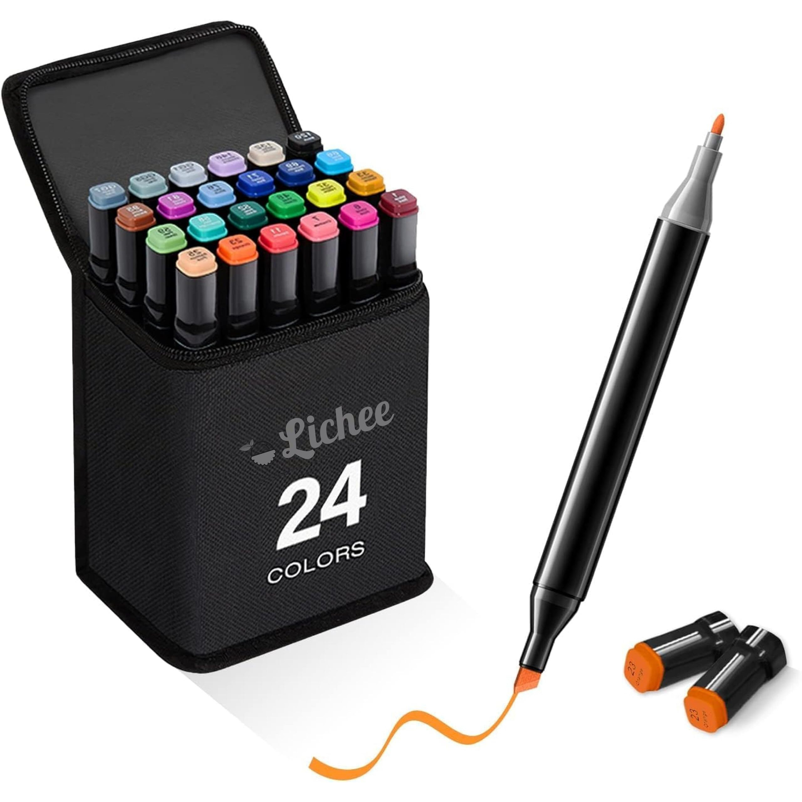 Lichee Dual Tip Art Markers 24 Colors With Carrying Case, Alcohol Art Markers Sketch Pens With Dual Tips Fine And Broad Chisel, Art Supplies For Coloring, Sketching, And Drawing (24), Multicolor