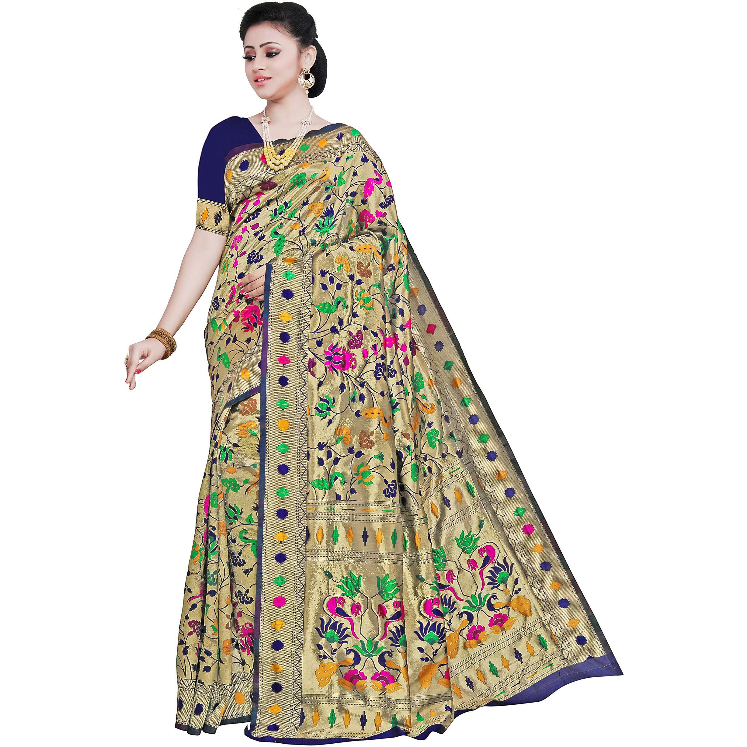 Crisko Fashion Womens Woven Silk Blend Saree With Blouse Piece (CF-T-52-NAVY BLUE_Dark Blue)