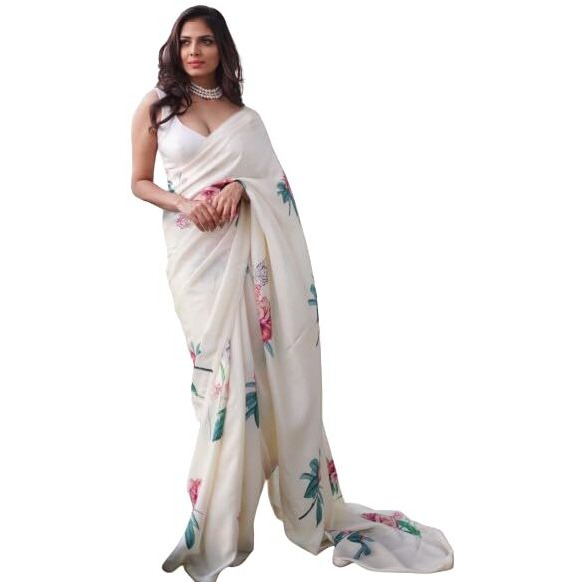 FABIAN FASHION Womens Floral White Colour Satin Saree with Unstitched Blouse Piece (FBN_looknbook_8002_White_White)