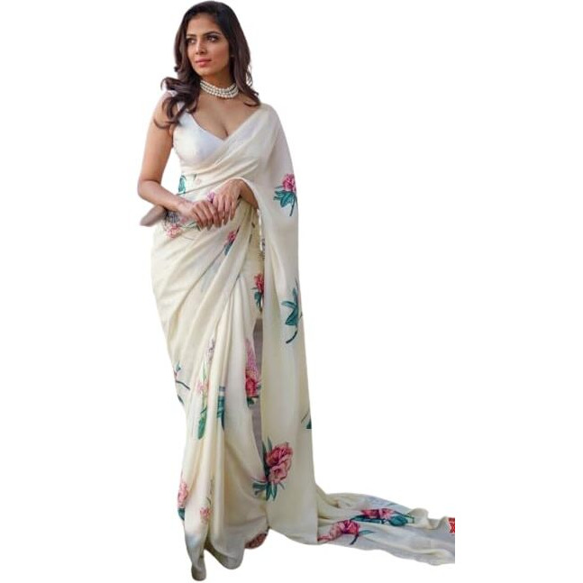 FABIAN FASHION Womens Floral White Colour Satin Saree with Unstitched Blouse Piece (FBN_looknbook_8002_White_White)