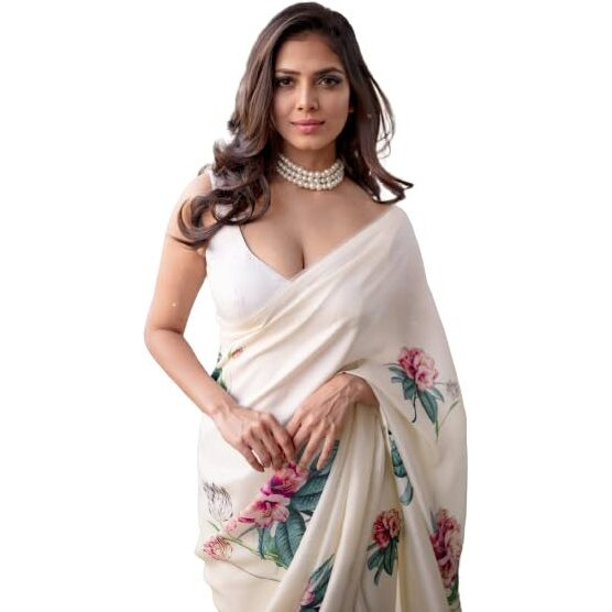FABIAN FASHION Womens Floral White Colour Satin Saree with Unstitched Blouse Piece (FBN_looknbook_8002_White_White)