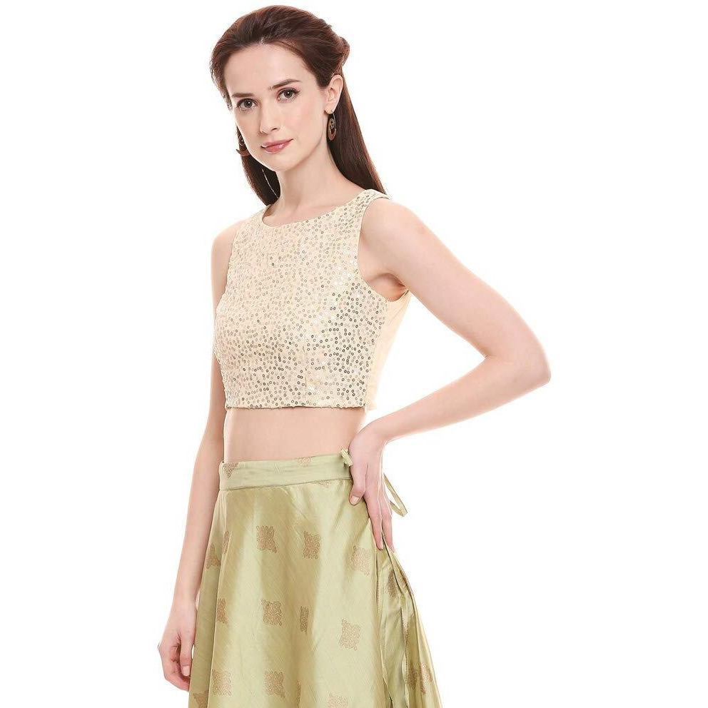 Indya Womens Round Neck Sequined Crop Top (White, Large)