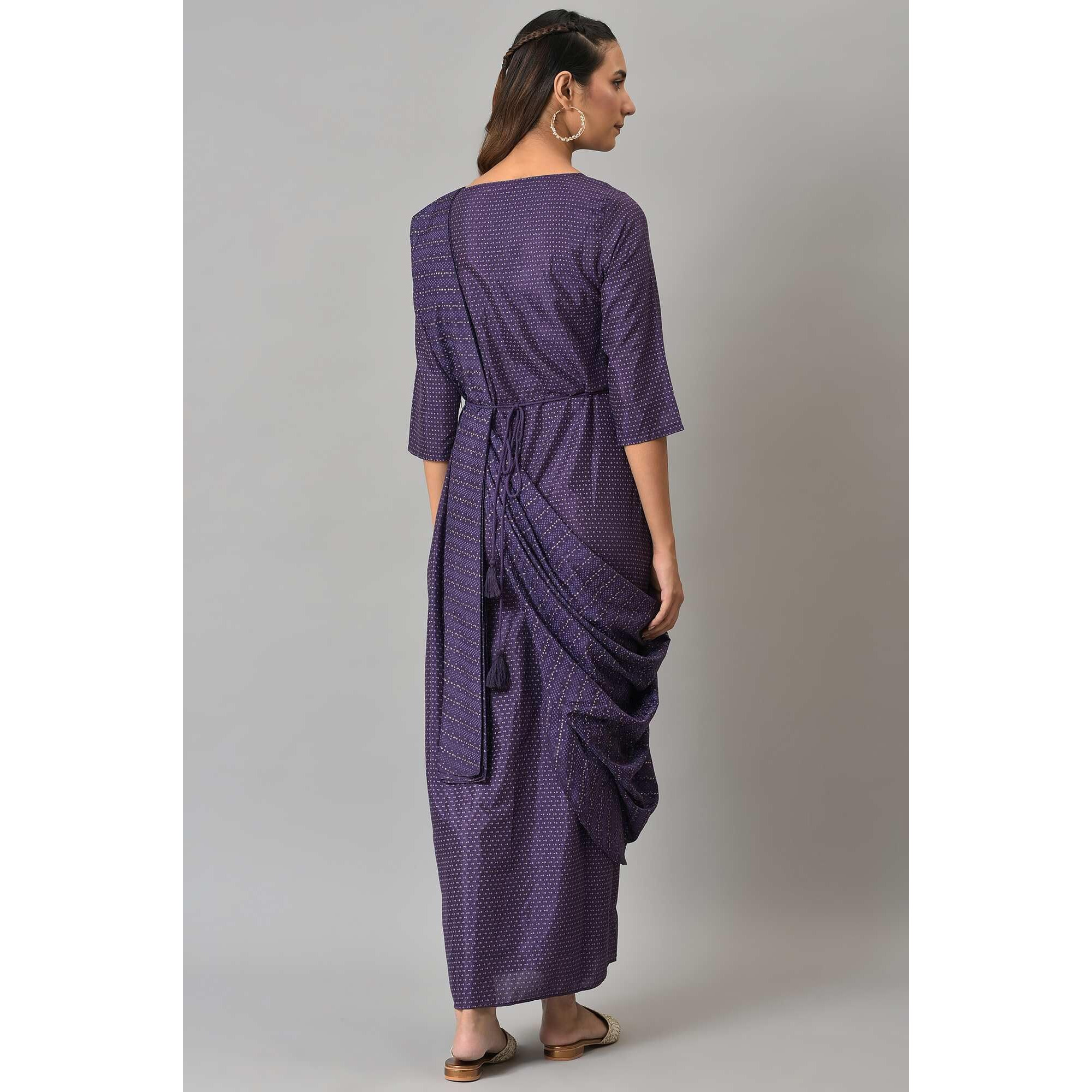 W for Woman Purple Insta Saree Dress with Embroidered Belt_22AUW18050-120238_L