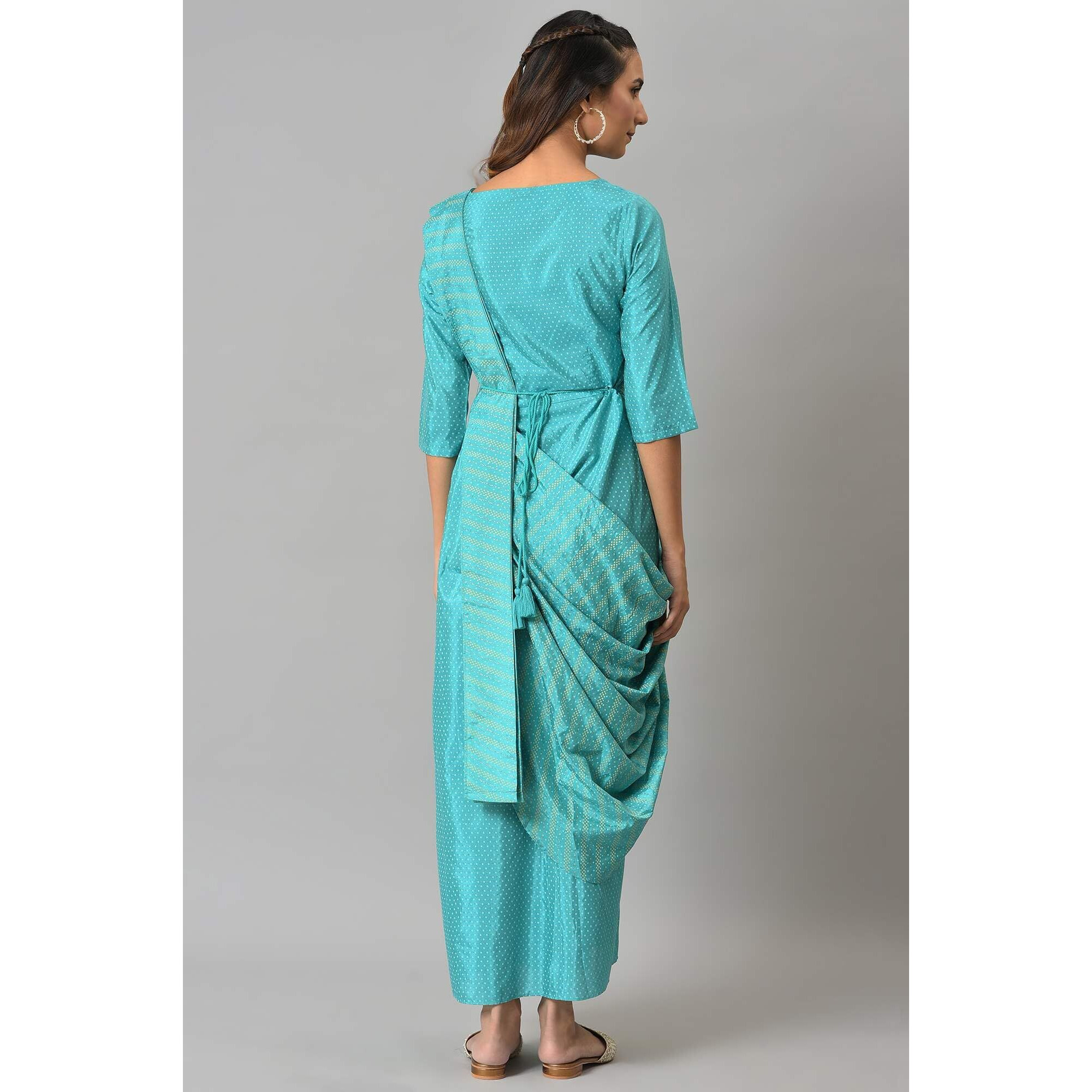 W for Woman Womens Polyester Teal Insta Saree Dress with Embroidered Belt Ankle Length 22AUW18050-120234