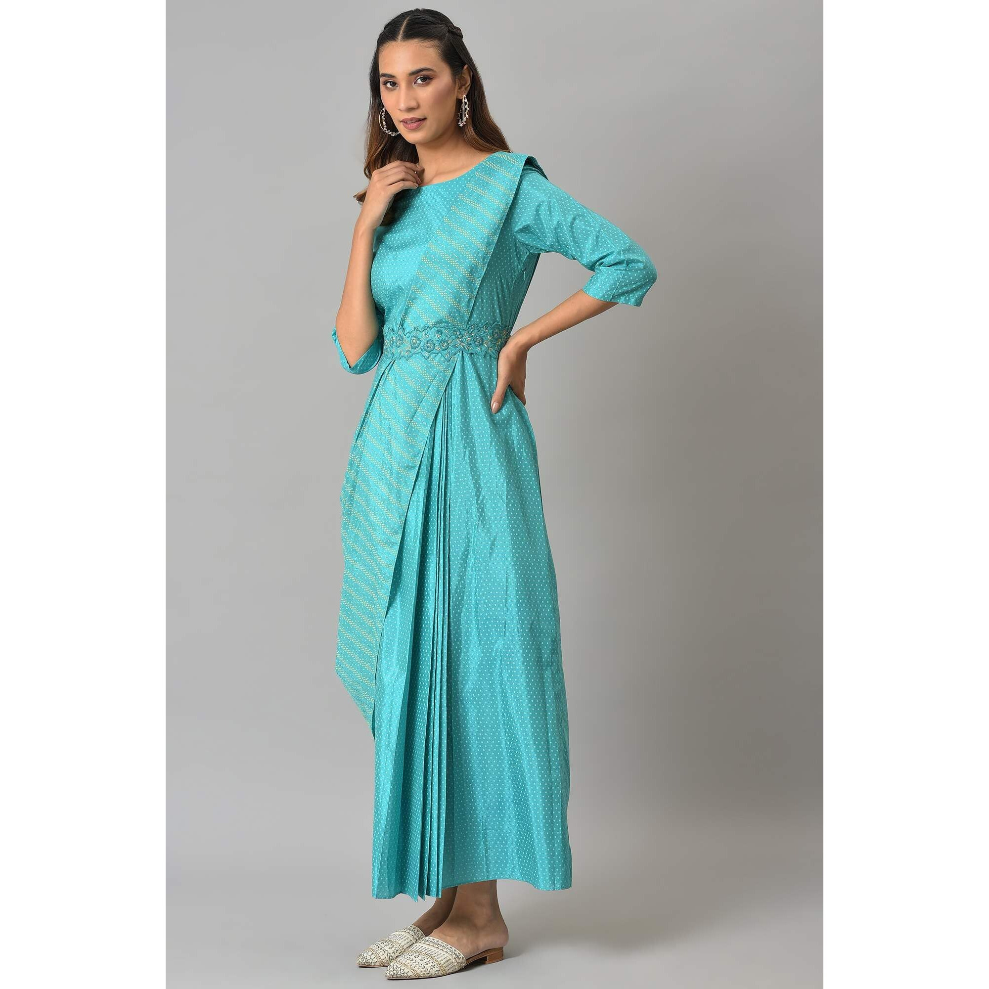 W for Woman Womens Polyester Teal Insta Saree Dress with Embroidered Belt Ankle Length 22AUW18050-120234