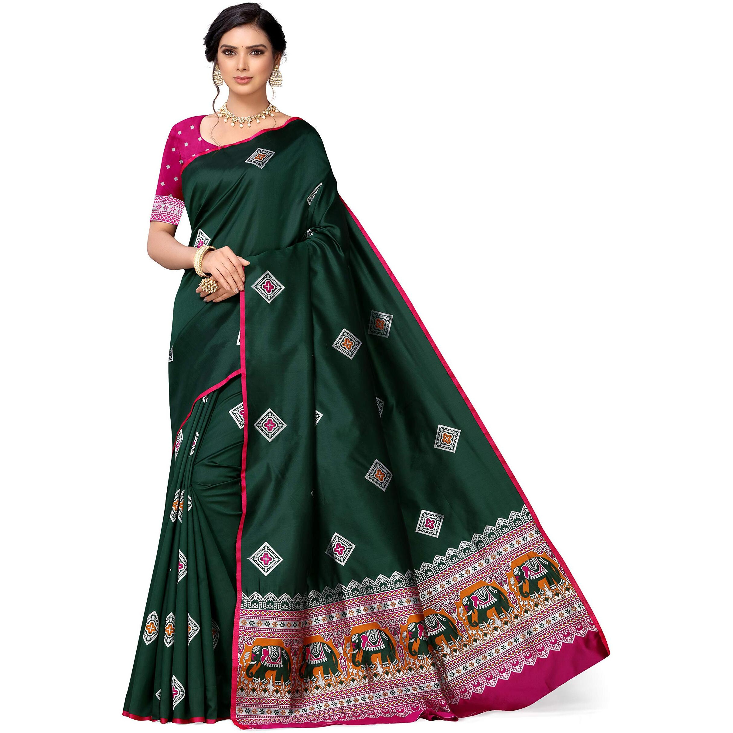 Shiv Textiles Banarasi Silk Saree For Women With Unstitched Blouse Piece Women Ethnic Sarees Collection - (Dark Green)