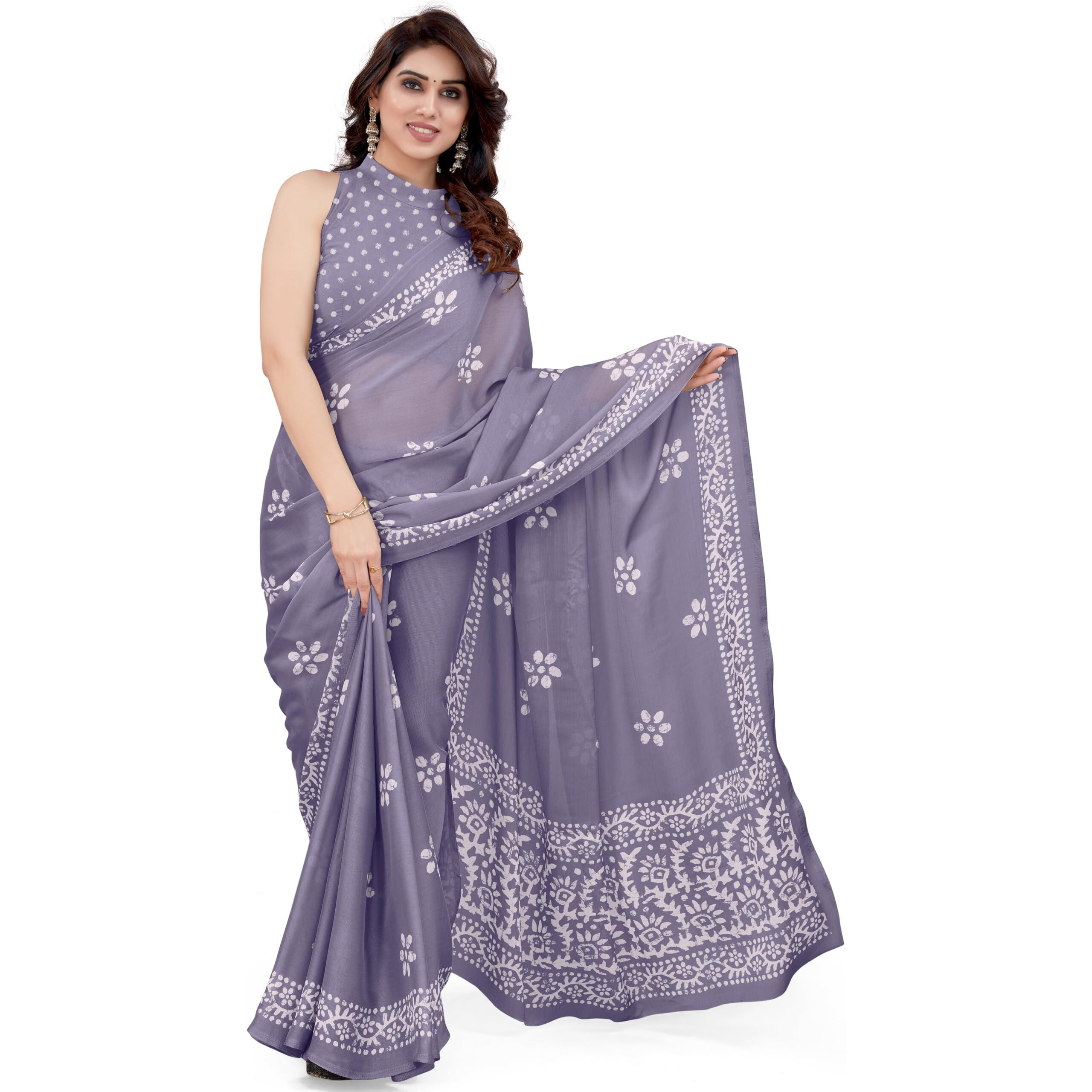MIRCHI FASHION Womens Plain Weave Chiffon Batik Printed Saree with Blouse Piece (38970- Dusty Lavender, White)